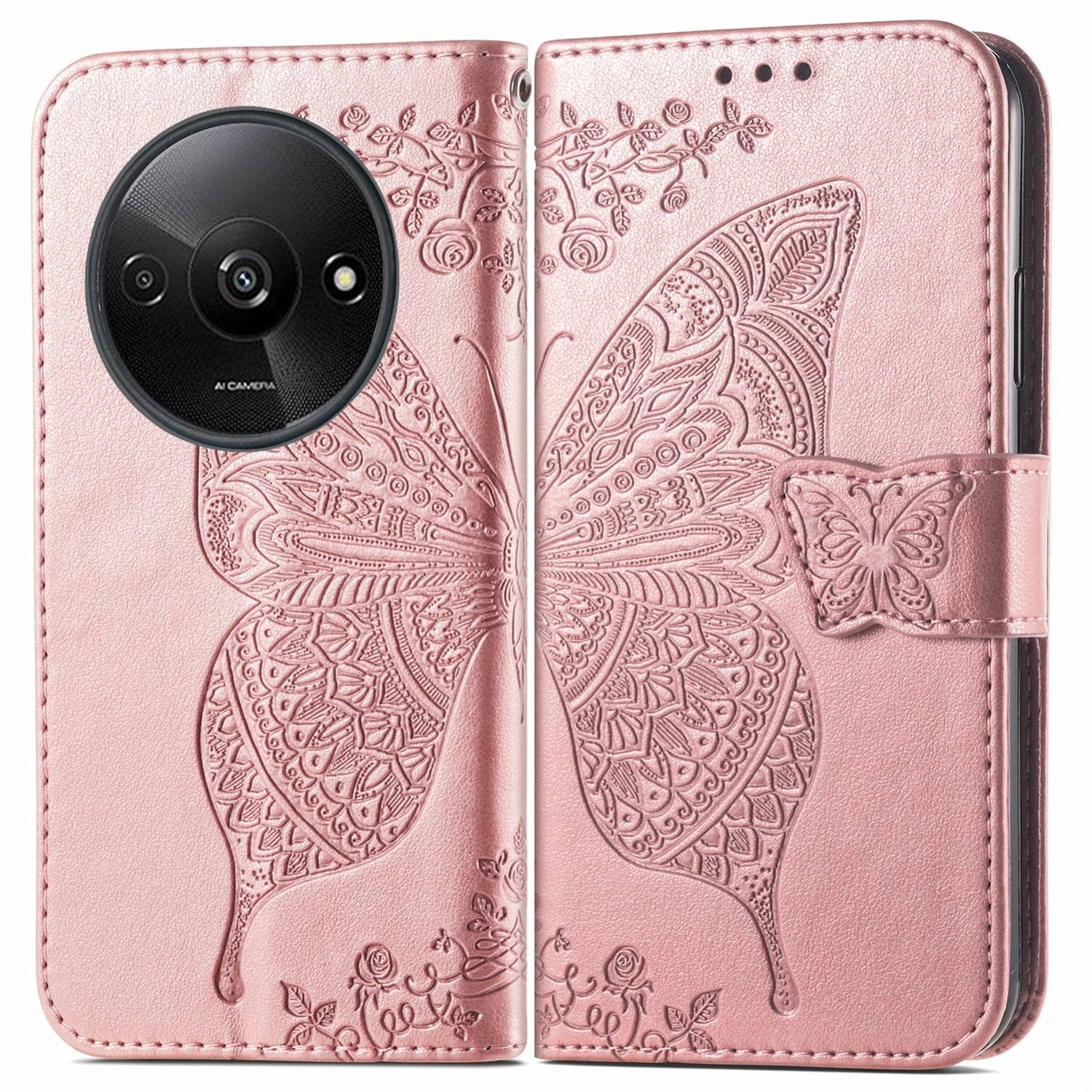 Für Xiaomi Redmi A3 Kunstleder Wallet Handy Tasche Schmetterling Design Hülle Etuis Rosa