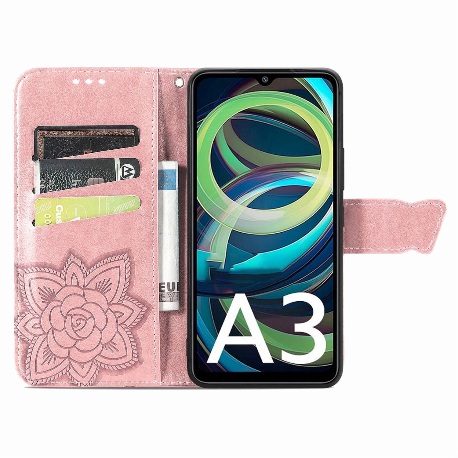 Für Xiaomi Redmi A3 Kunstleder Wallet Handy Tasche Schmetterling Design Hülle Etuis Rosa