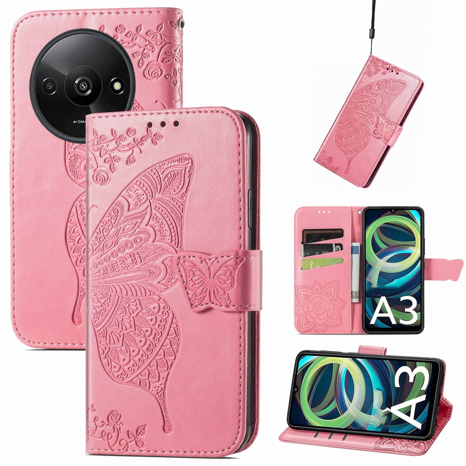 Für Xiaomi Redmi A3 Kunstleder Wallet Handy Tasche Schmetterling Design Hülle Etuis Pink