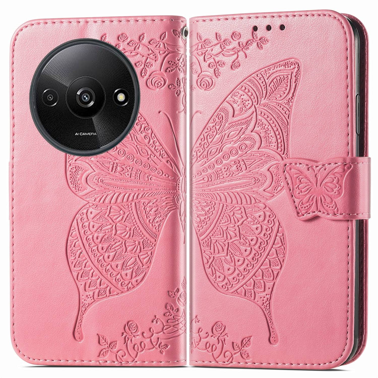 Für Xiaomi Redmi A3 Kunstleder Wallet Handy Tasche Schmetterling Design Hülle Etuis Pink