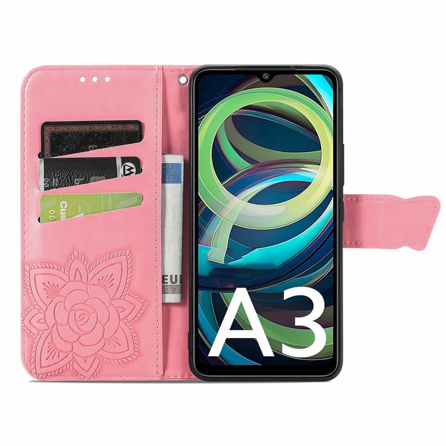 Für Xiaomi Redmi A3 Kunstleder Wallet Handy Tasche Schmetterling Design Hülle Etuis Pink