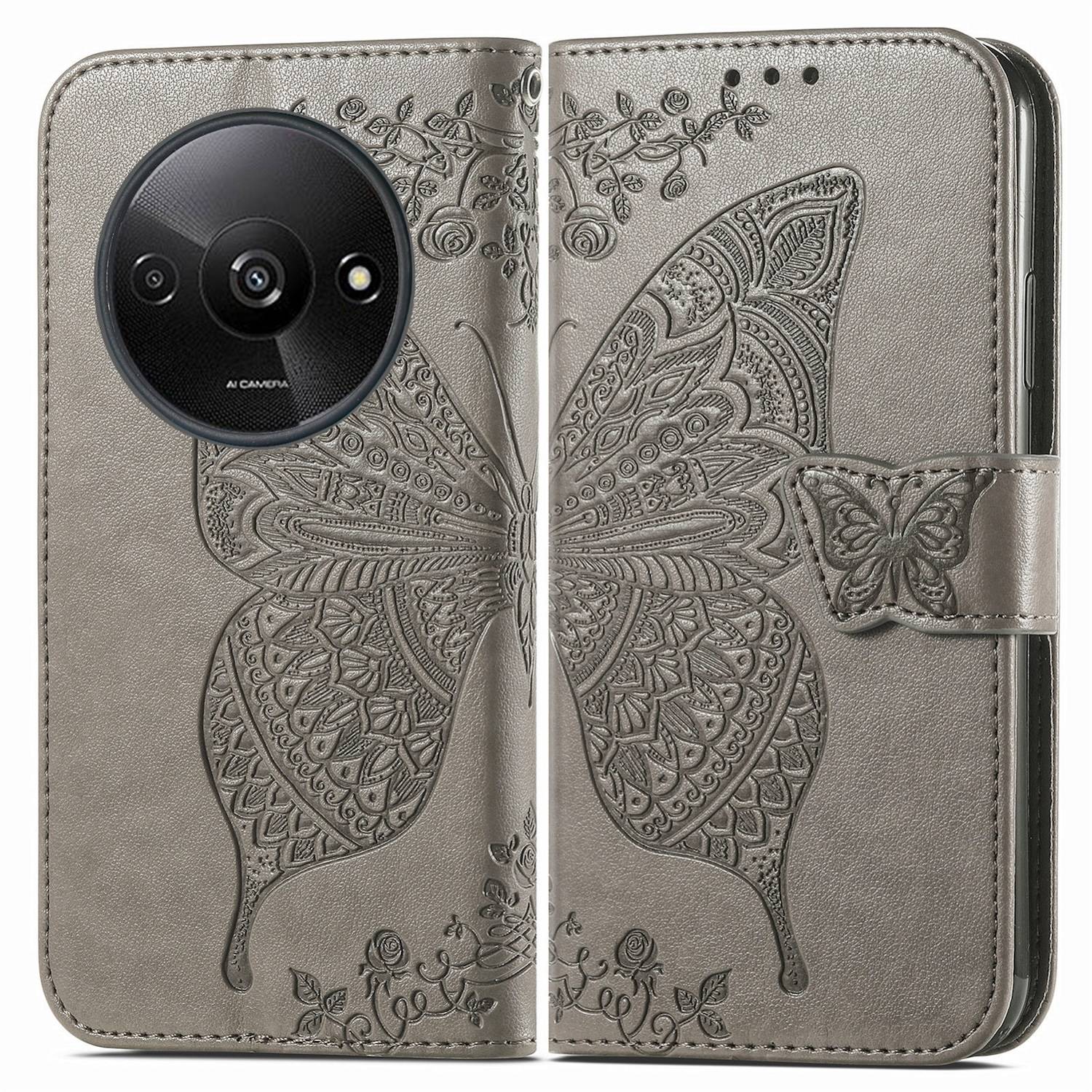 Für Xiaomi Redmi A3 Kunstleder Wallet Handy Tasche Schmetterling Design Hülle Etuis Grau