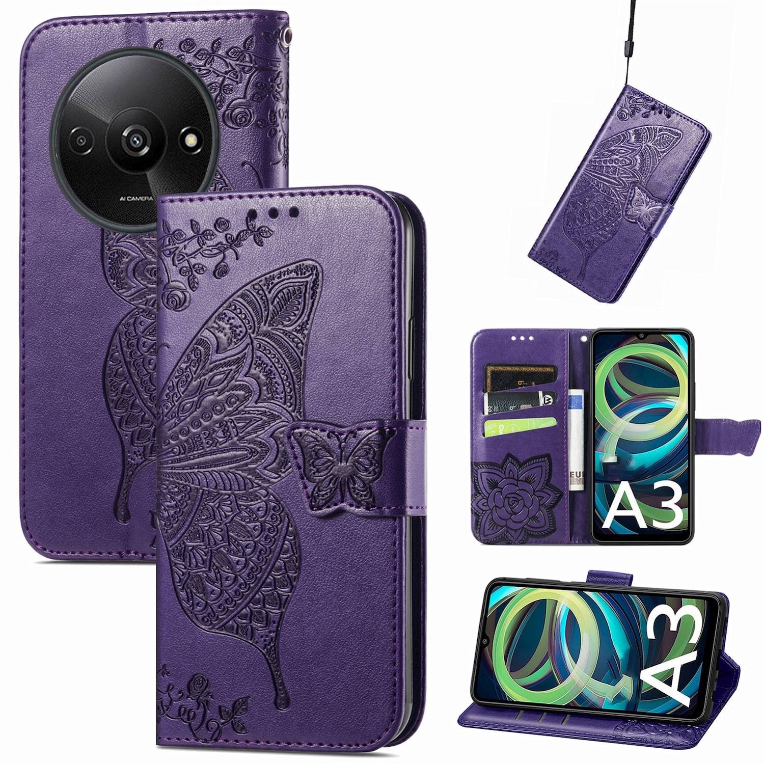 Für Xiaomi Redmi A3 Kunstleder Wallet Handy Tasche Schmetterling Design Hülle Etuis Lila