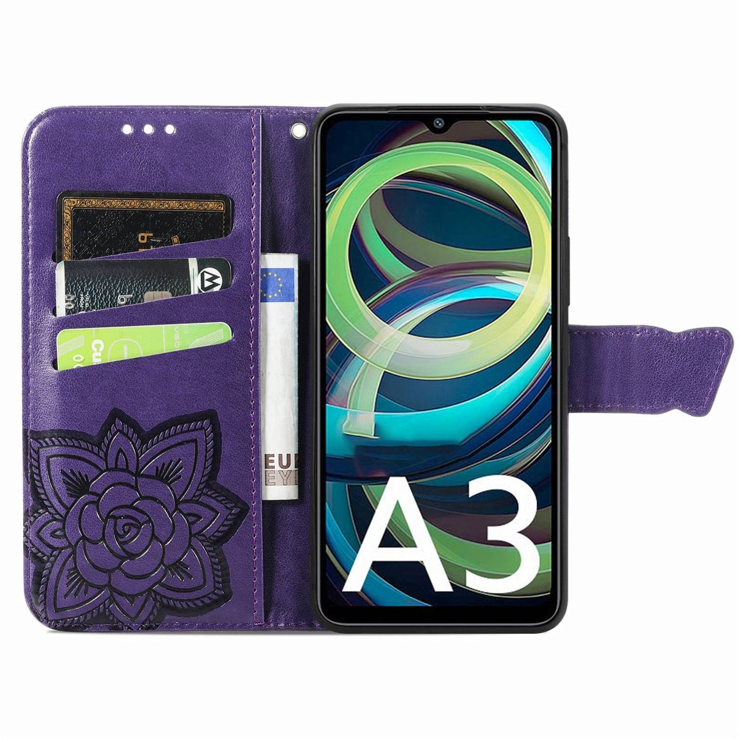 Für Xiaomi Redmi A3 Kunstleder Wallet Handy Tasche Schmetterling Design Hülle Etuis Lila