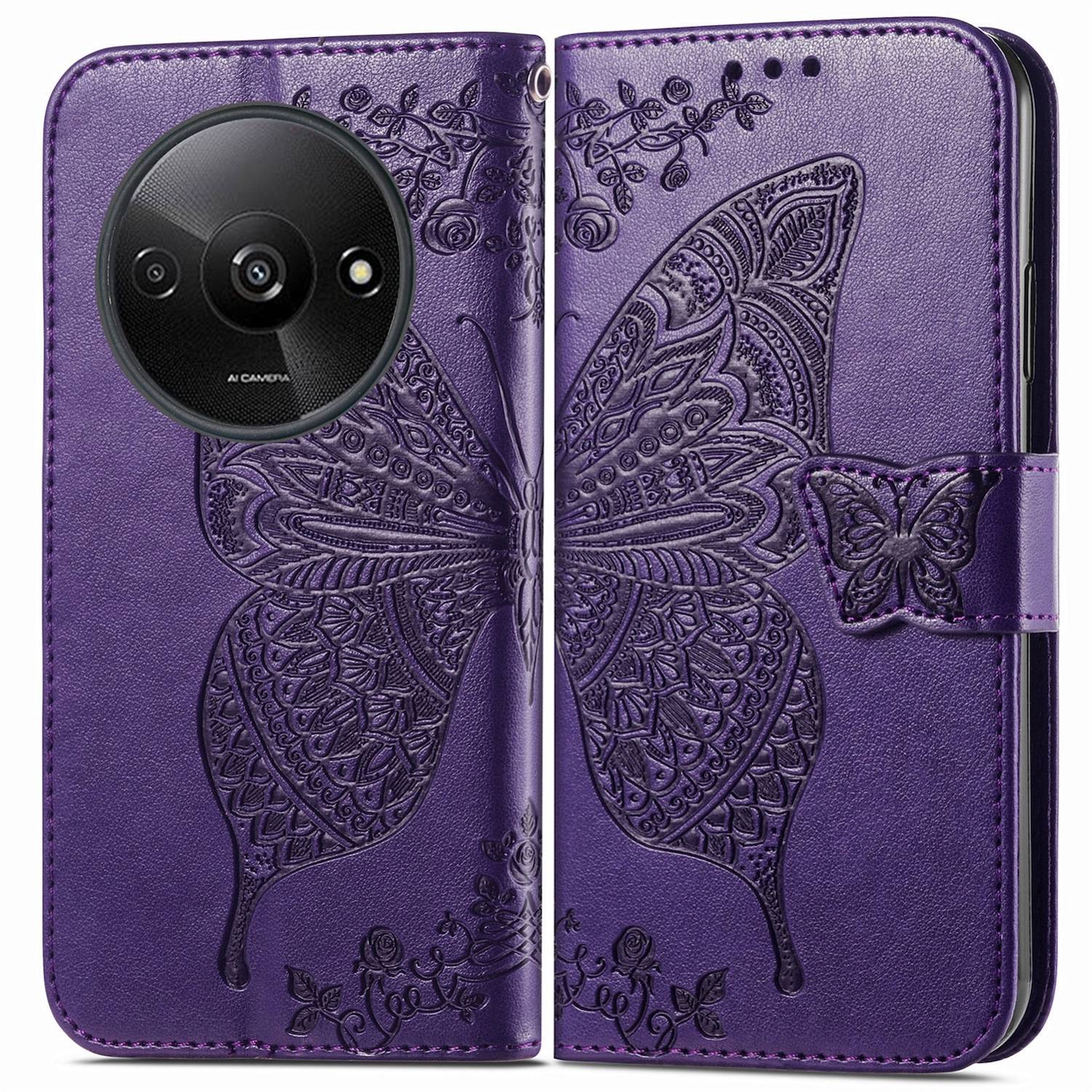 Für Xiaomi Redmi A3 Kunstleder Wallet Handy Tasche Schmetterling Design Hülle Etuis Lila