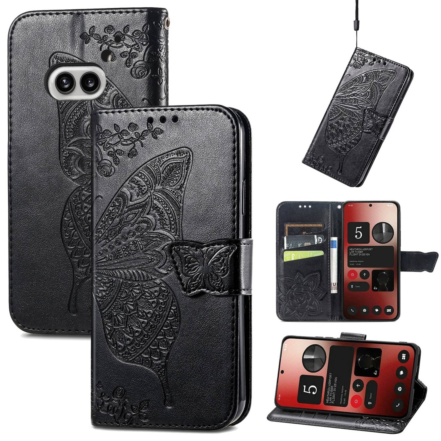 Für Nothing Phone 2a / Plus Kunstleder Wallet Handy Tasche Schmetterling Design Hülle Etuis Schwarz