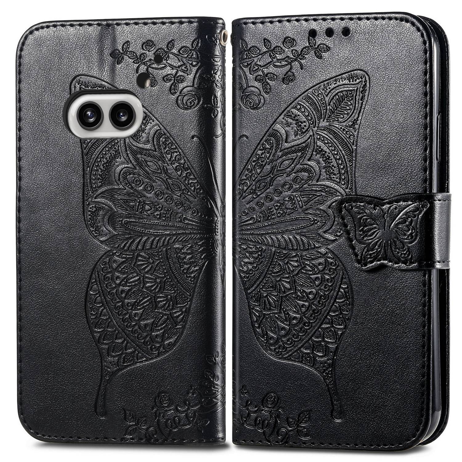Für Nothing Phone 2a / Plus Kunstleder Wallet Handy Tasche Schmetterling Design Hülle Etuis Schwarz