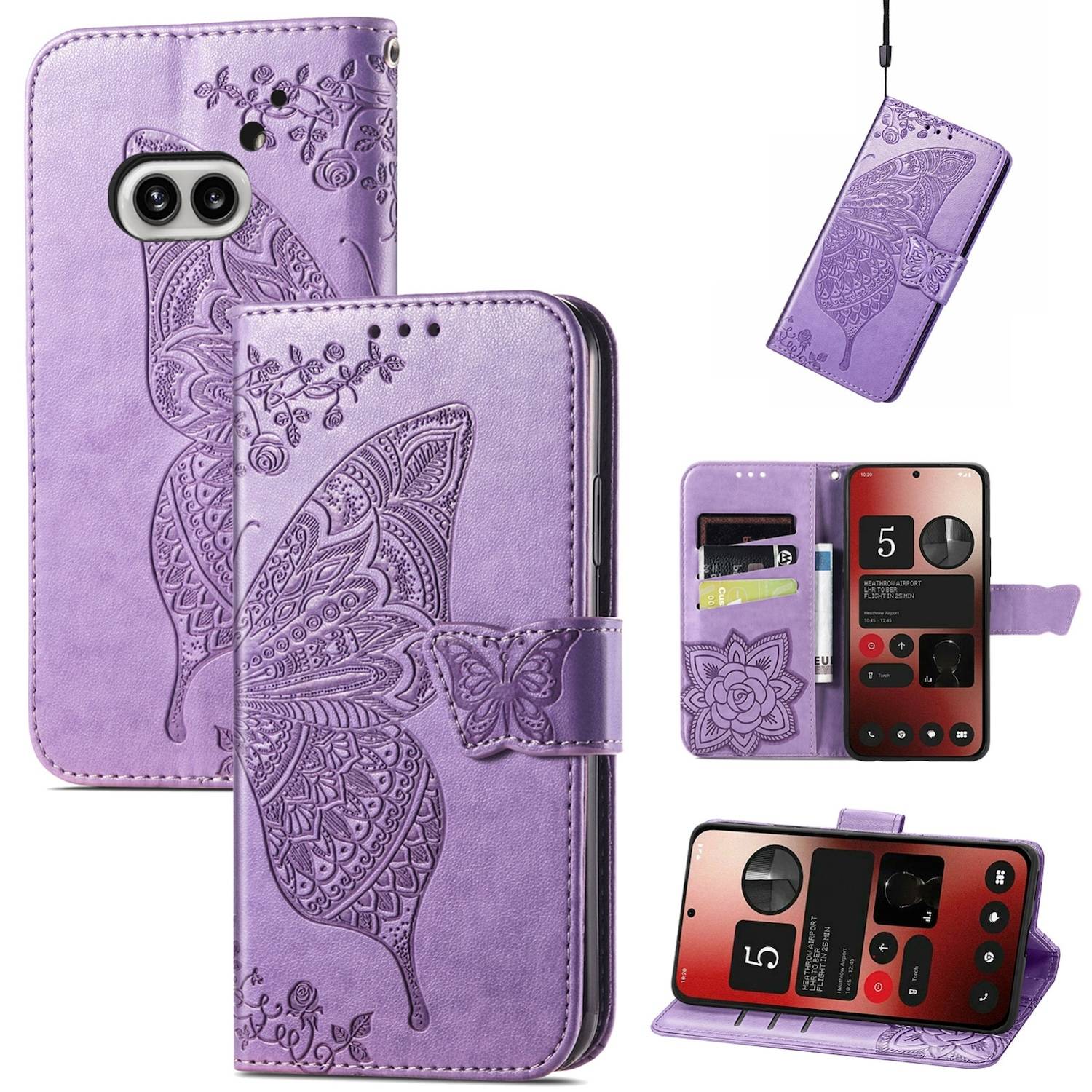 Für Nothing Phone 2a / Plus Kunstleder Wallet Handy Tasche Schmetterling Design Hülle Etuis Hell-Lila