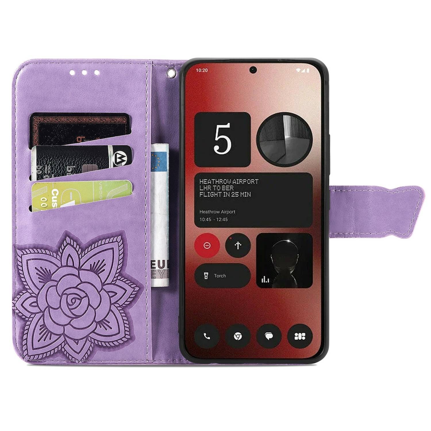 Für Nothing Phone 2a / Plus Kunstleder Wallet Handy Tasche Schmetterling Design Hülle Etuis Hell-Lila