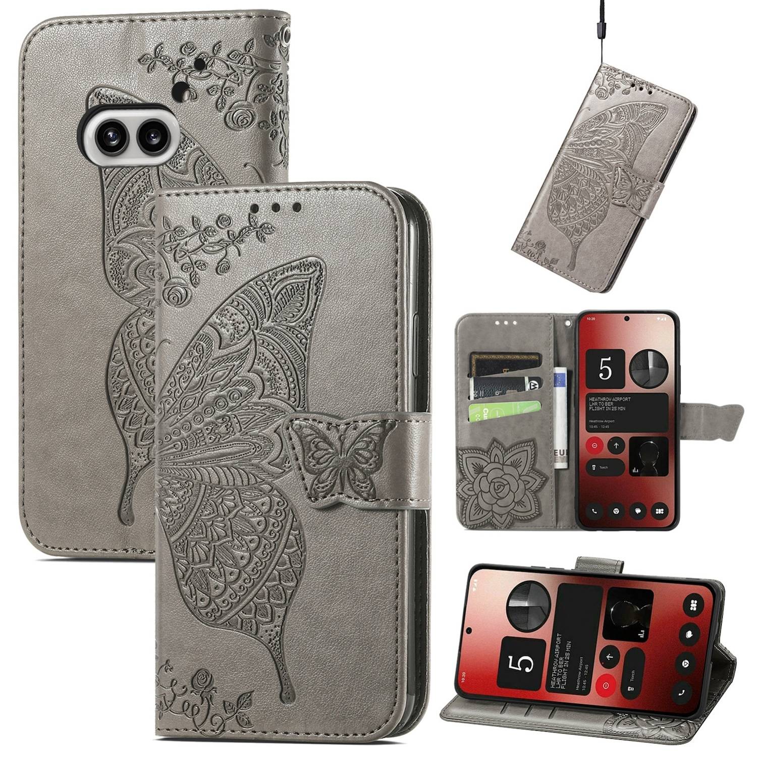 Für Nothing Phone 2a / Plus Kunstleder Wallet Handy Tasche Schmetterling Design Hülle Etuis Grau