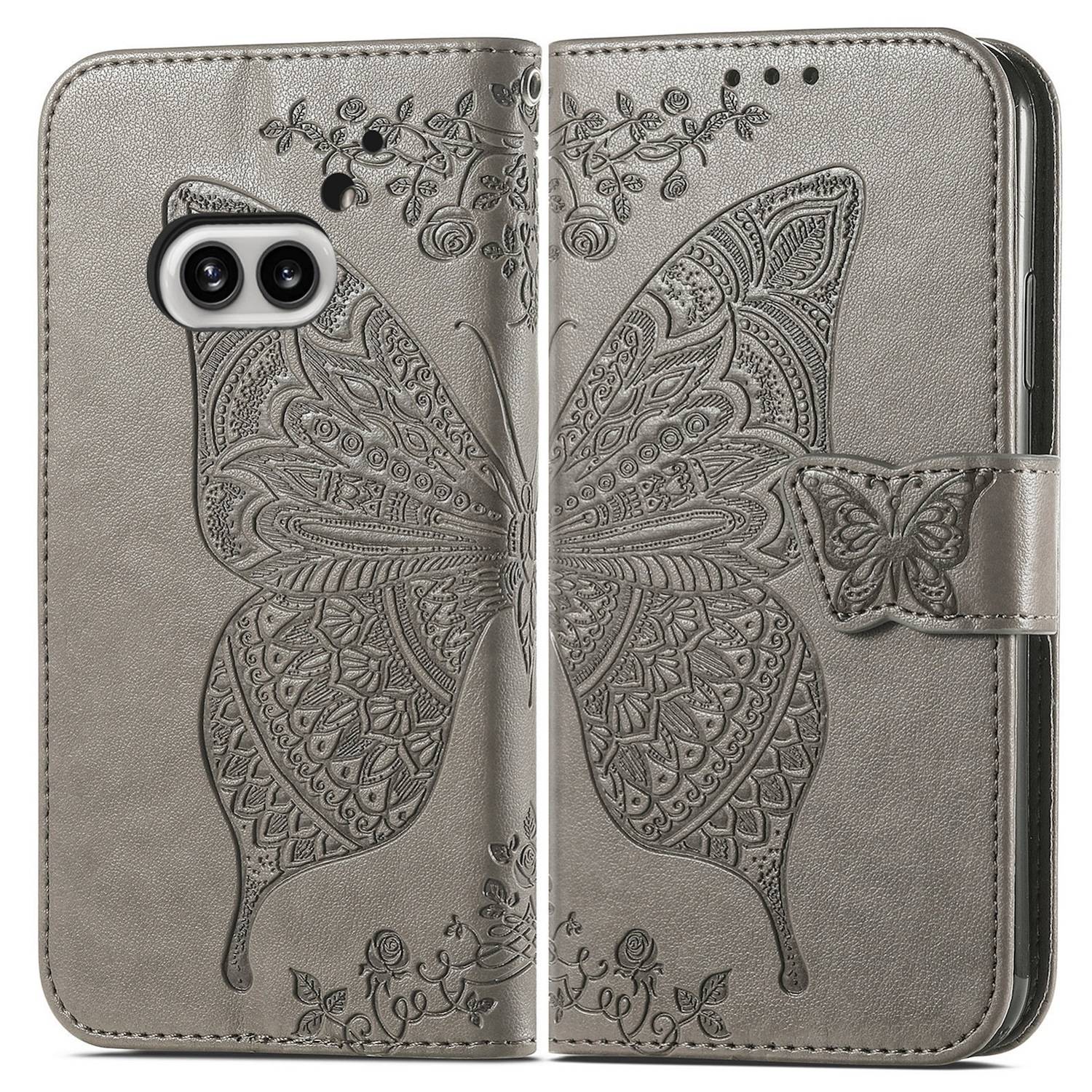 Für Nothing Phone 2a / Plus Kunstleder Wallet Handy Tasche Schmetterling Design Hülle Etuis Grau