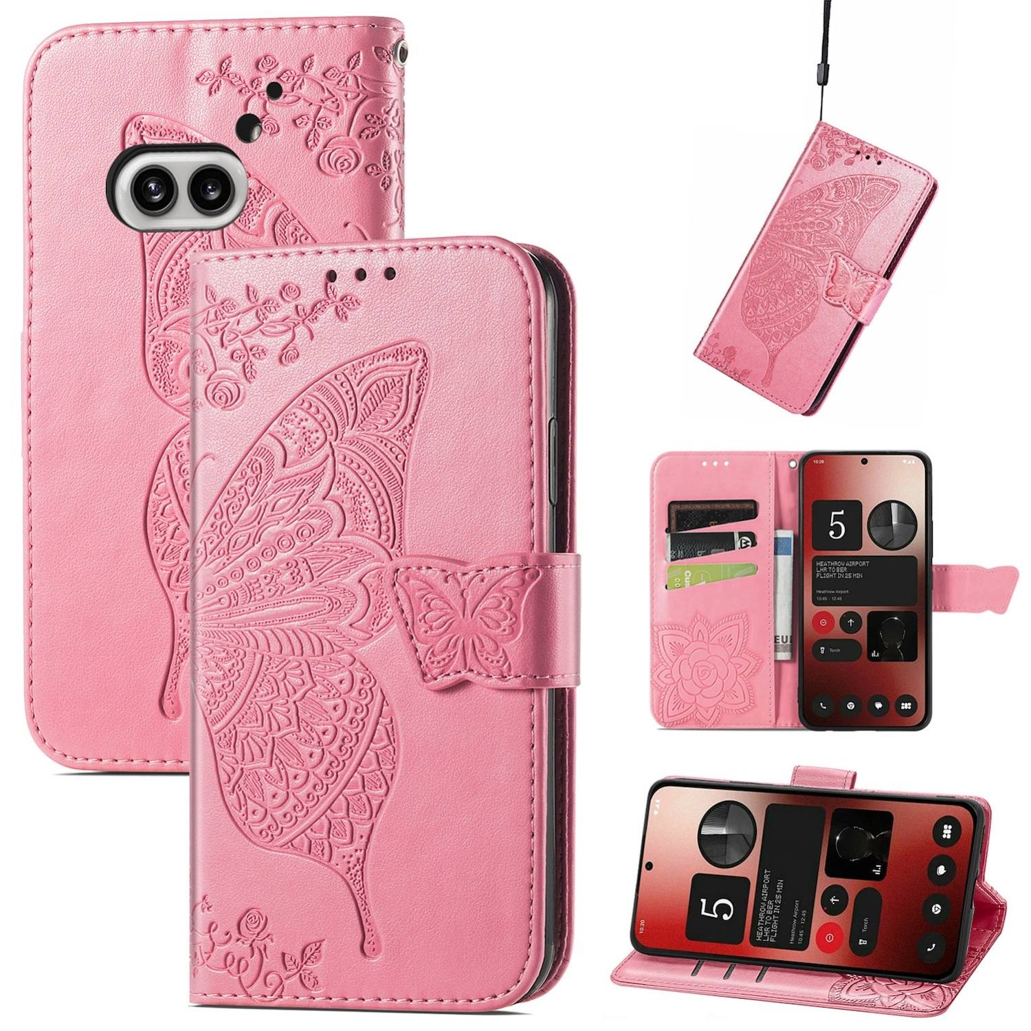 Für Nothing Phone 2a / Plus Kunstleder Wallet Handy Tasche Schmetterling Design Hülle Etuis Pink