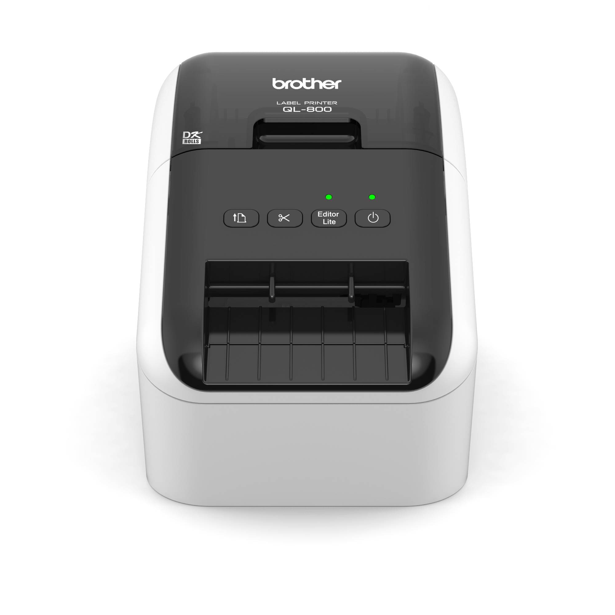 Brother Label-Drucker GL-800 mit Vorderpapierzuführungsschlitz, Steuertasten und grünen Statusleuchten auf weißem Hintergrund.