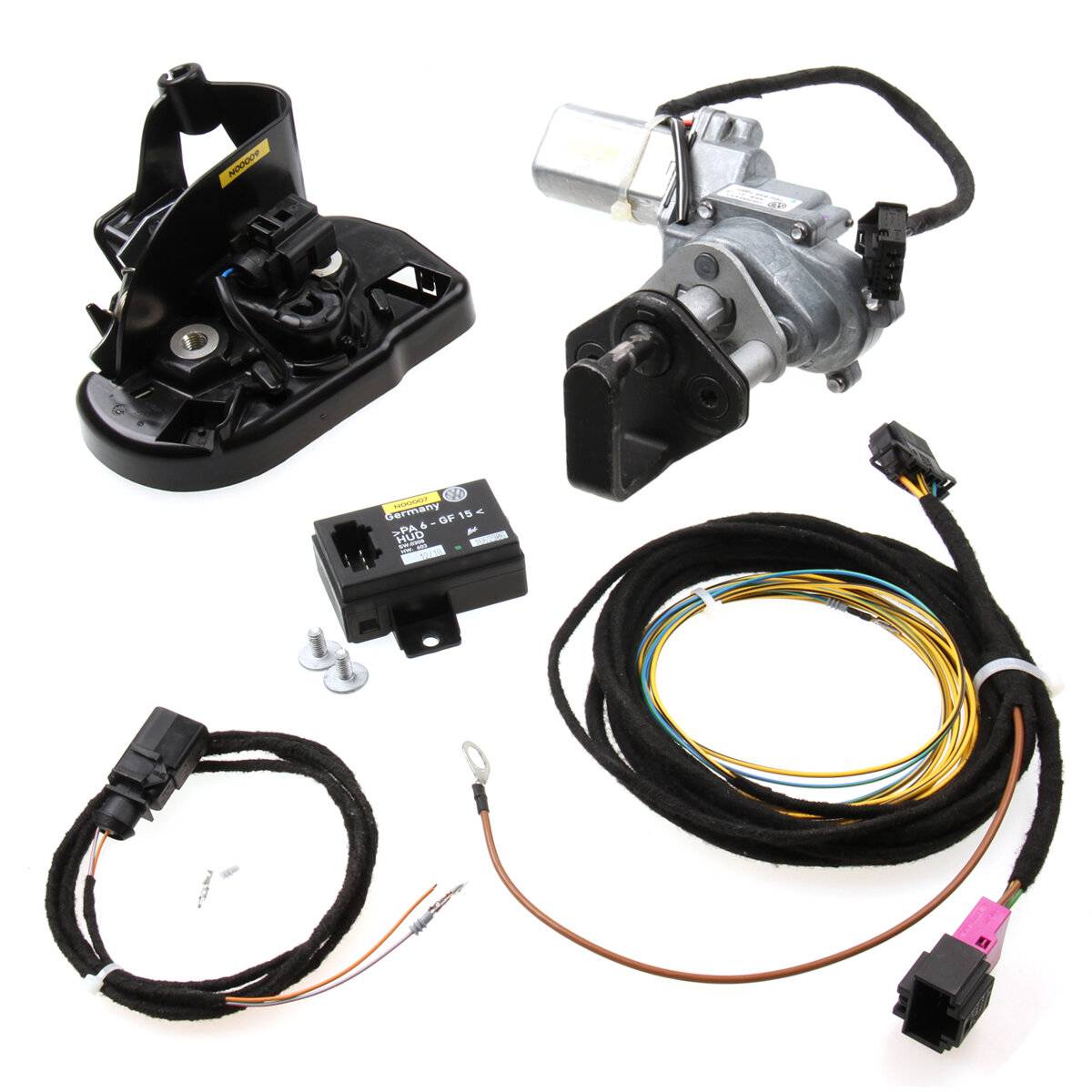 Komplettes automatisches Elektroschloss-Set für Kofferraum mit Steuermodul und Kabelbaumkabelbaum. Komponenten sind Schlossmechanismus, Aktuator und Kabel.