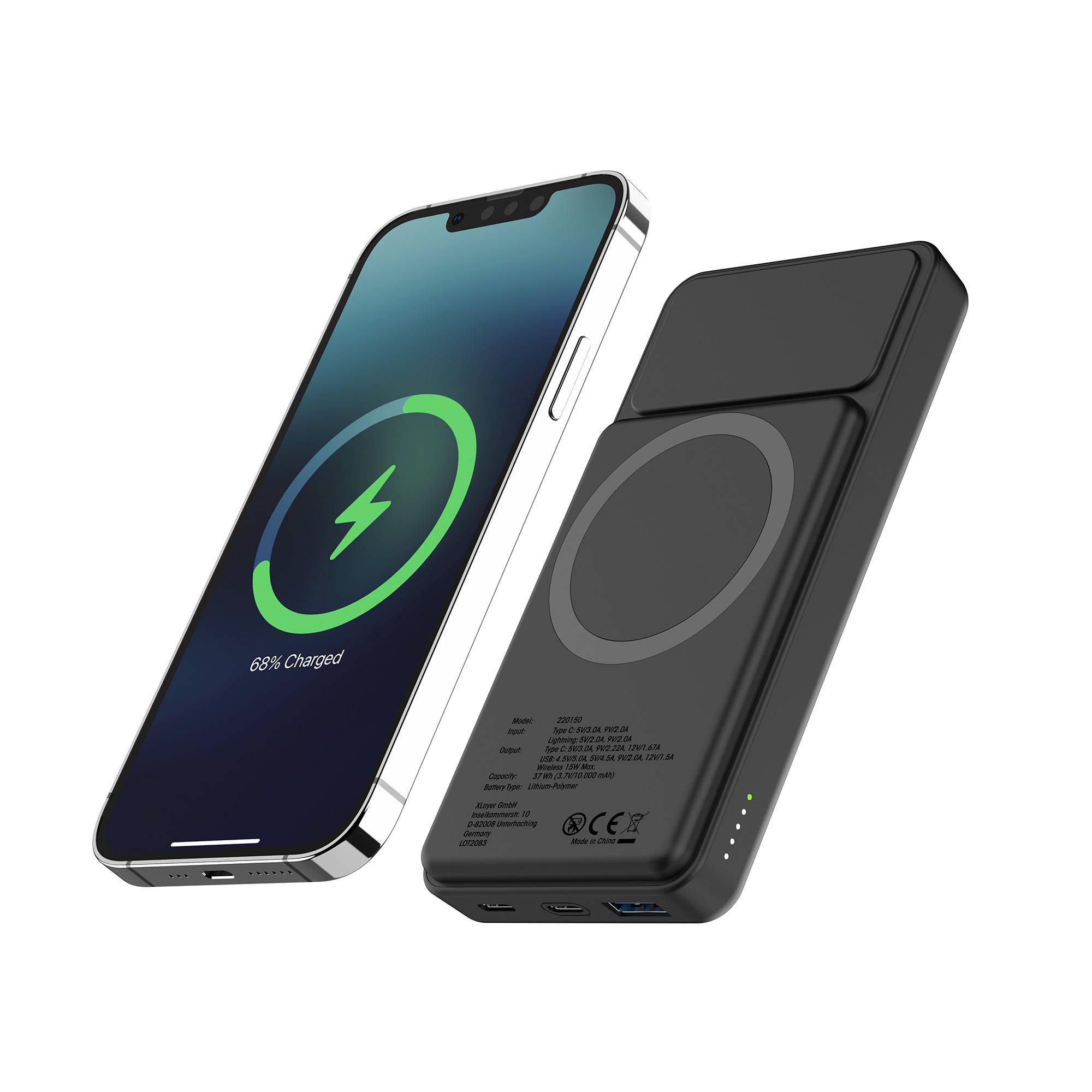 XLayer Powerbank 15W Wireless 10.000 mAh mit 2-in-1 Solarpanel Black