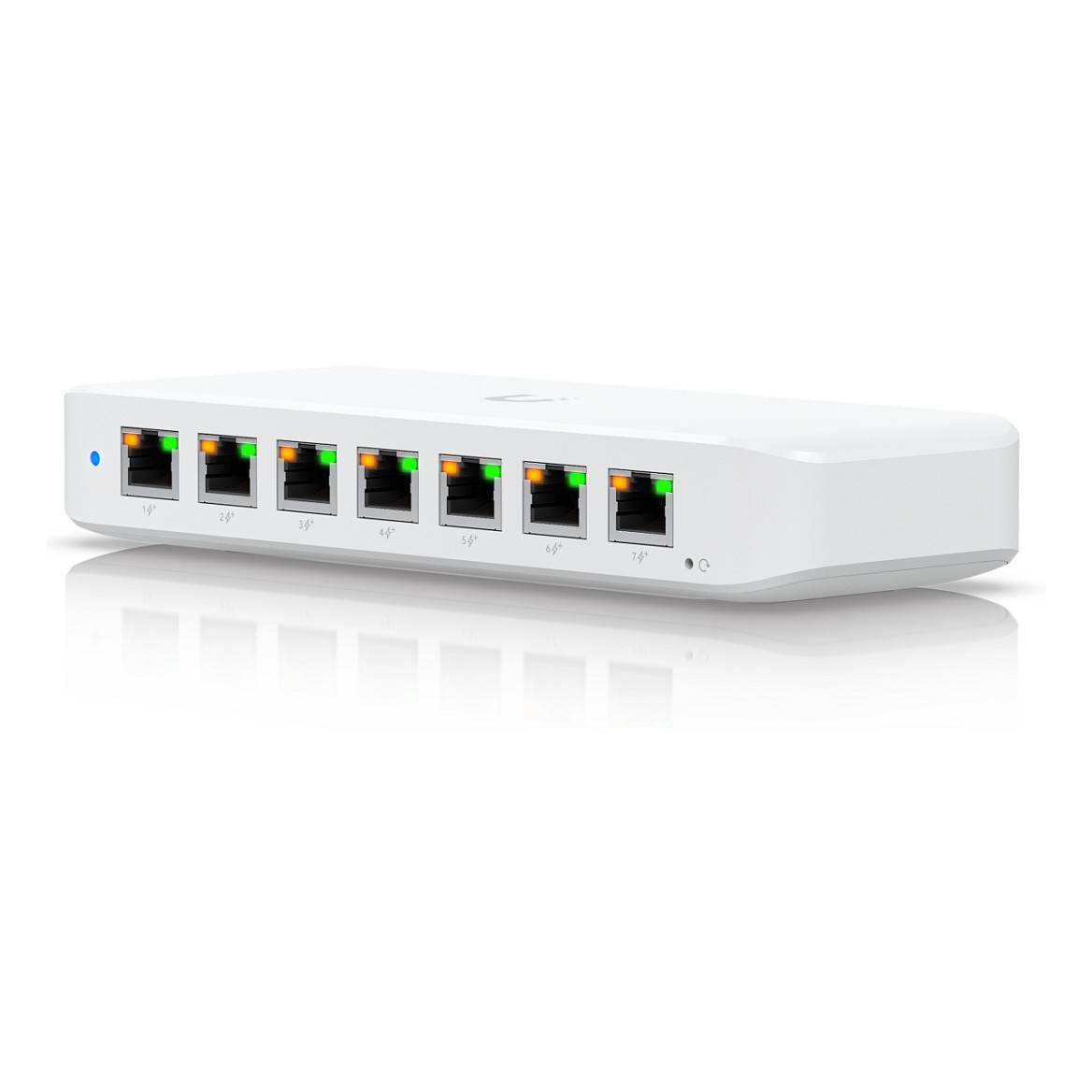 Ein weißer Ethernet-Switch mit acht Netzwerk-Anschlüssen, jeder mit Kontrollleuchten, geeignet für Heim- oder Büronetzwerk-Lösungen.