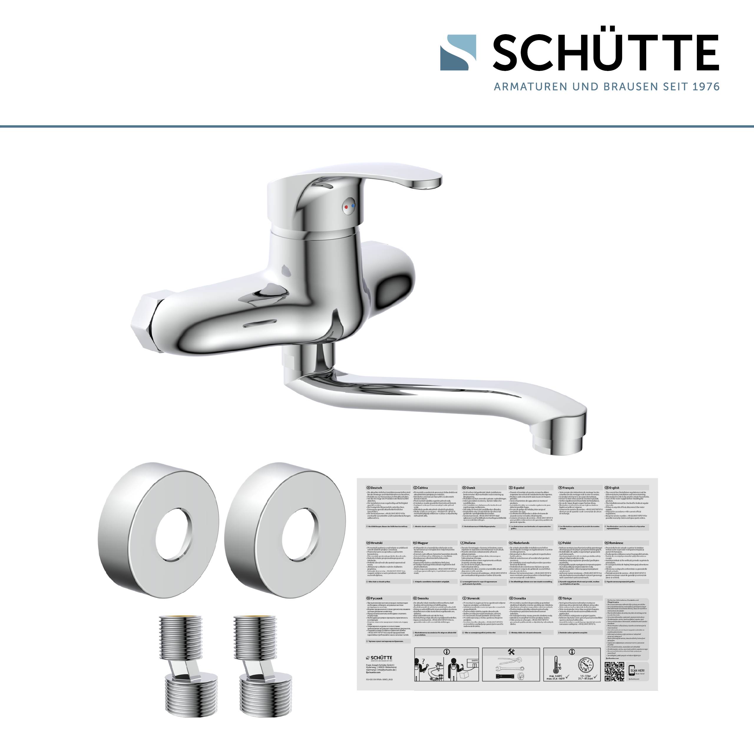 Ein Chrom-Waschbecken-Armaturen-Set mit zwei kreisförmigen Abdeckungen, zwei Adaptern und einer Installationsanleitung. Markenname 'Schütte' oben rechts.