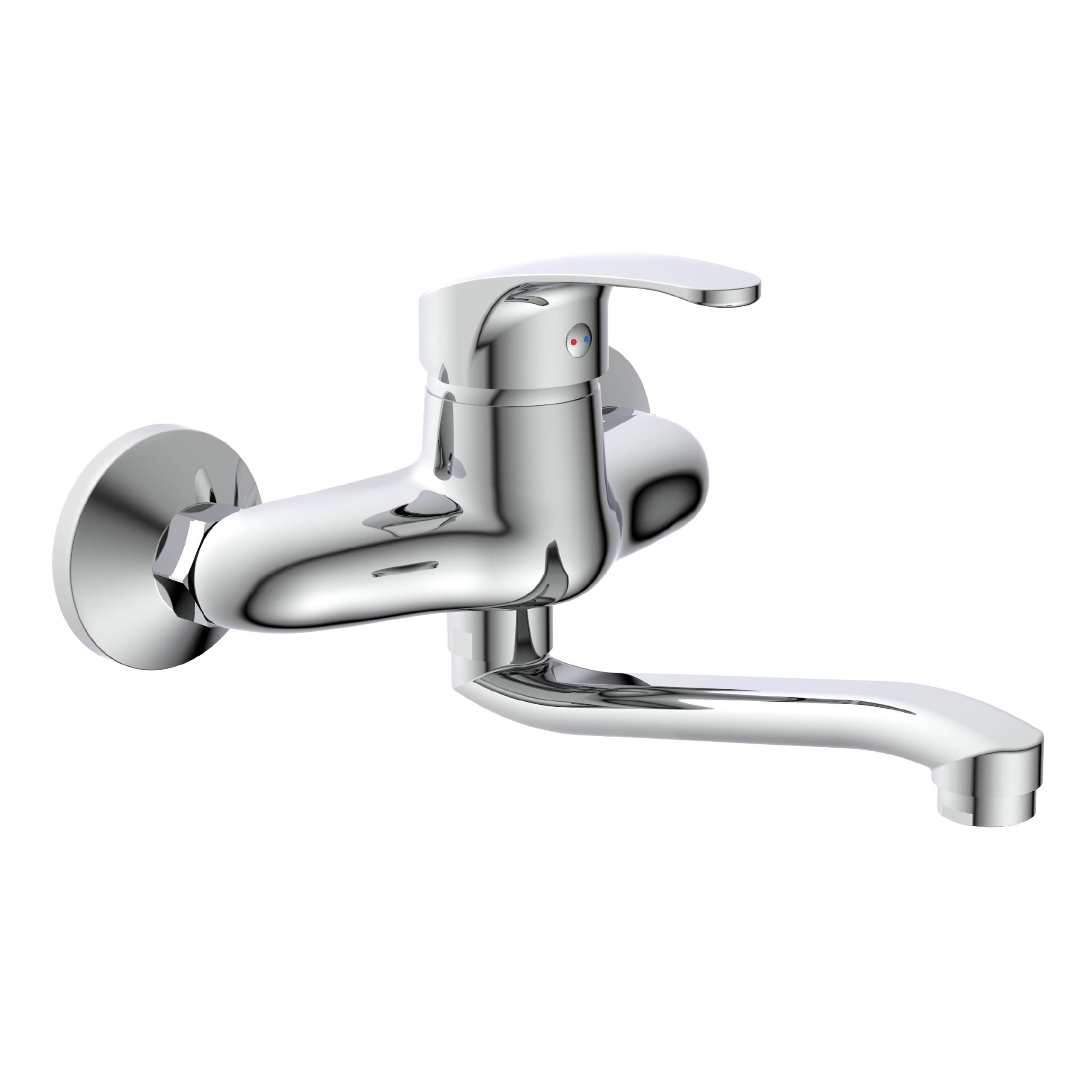 Ein moderner, verchromter Wandarmatur mit einem Einhebelgriff zur Steuerung von Wassermenge und Temperatur, ausgestattet mit einem langen Auslauf.