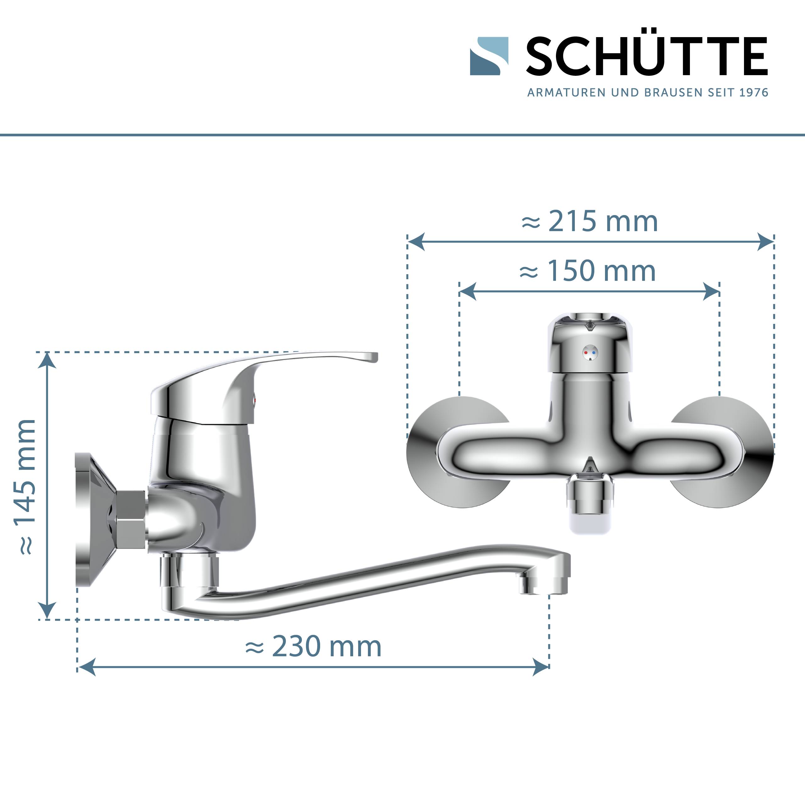 Diagramm einer silbernen Armatur mit Dimensionen: Höhe 145 mm, Auslauflänge 230 mm und Breite 215 mm. Text lautet: 'Armaturen und Brausen seit 1976'.