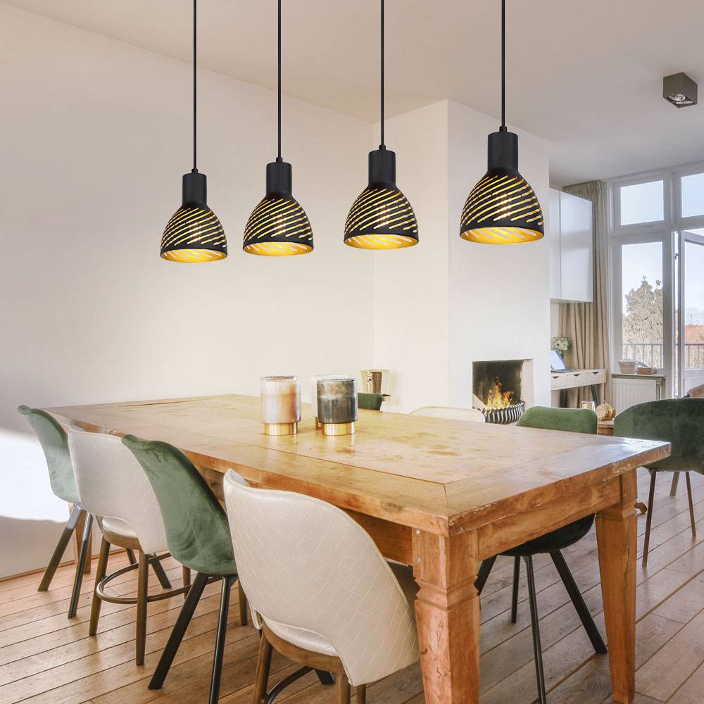 Hängelampe schwarz gold Esstischleuchte Pendellampe 4 flammig Wohnzimmer, Metall Holzoptik, 4x E27, LxH 90x120