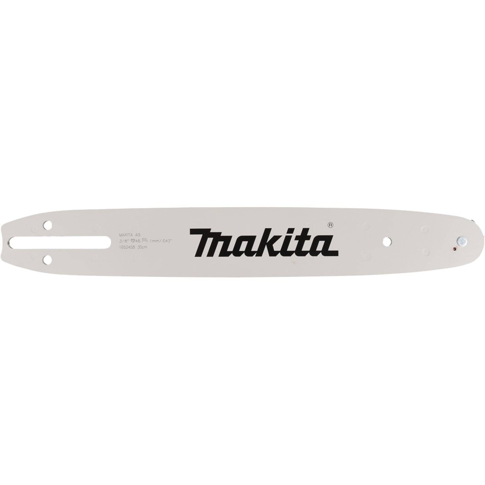 Makita Kettensägenführungsschiene in Silber mit schwarzem Makita-Logo, die Befestigungspunkte zeigt.