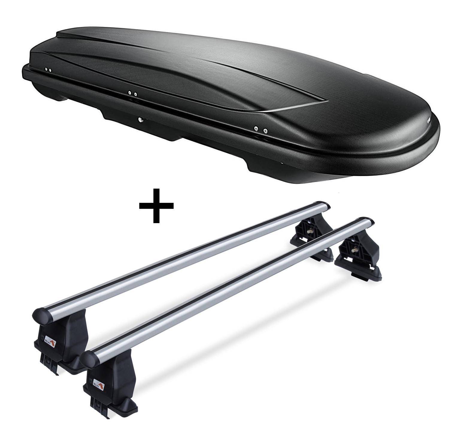 Dachbox VDP JUXT600 abschließbar 600 Ltr + Aluminium Dachträger Menabo Tema kompatibel mit für Suzuki Celerio (Steilheck 5 Türer) ab 2015