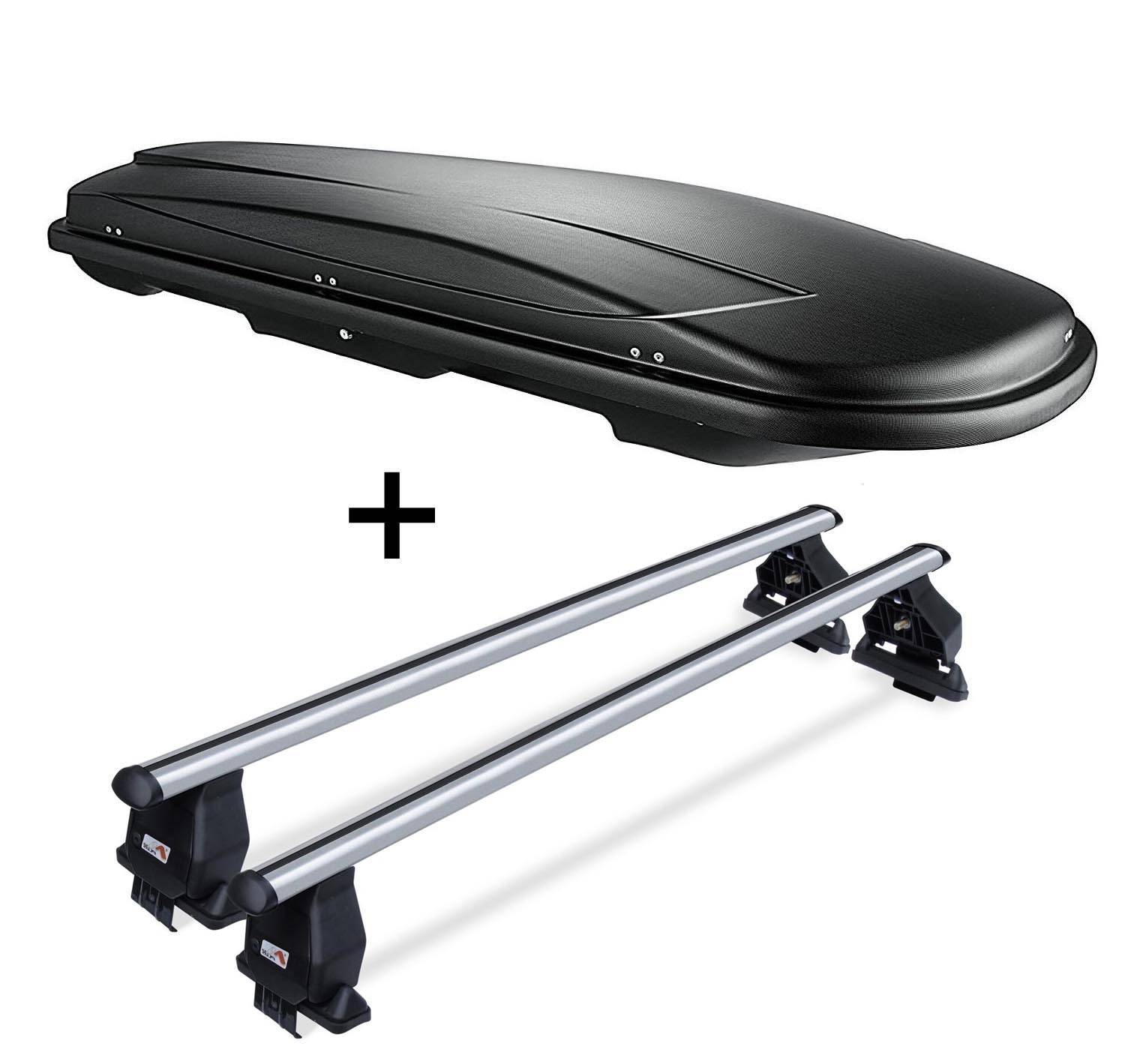 Dachbox VDPJUXT500 schwarz abschließbar 500 Ltr + Dachträger Menabo Tema kompatibel mit für VW Jetta IV (Kombi 5 Türer) 1998-2004 Aluminium