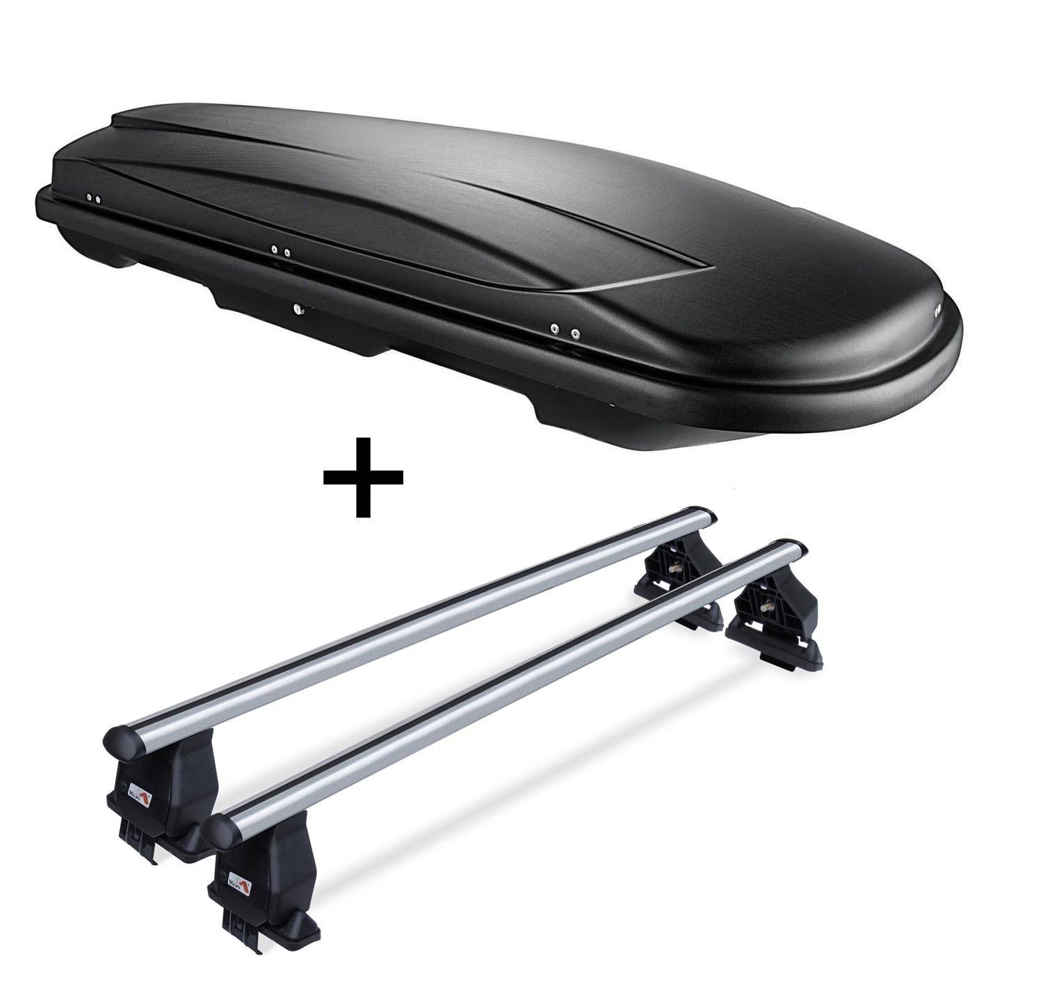Dachbox VDPJUXT400 schwarz 400 Ltr abschließbar + Dachträger Menabo Tema kompatibel mit für Seat Ibiza SC (Schrägheck 3 Türer) ab 2008 Aluminium