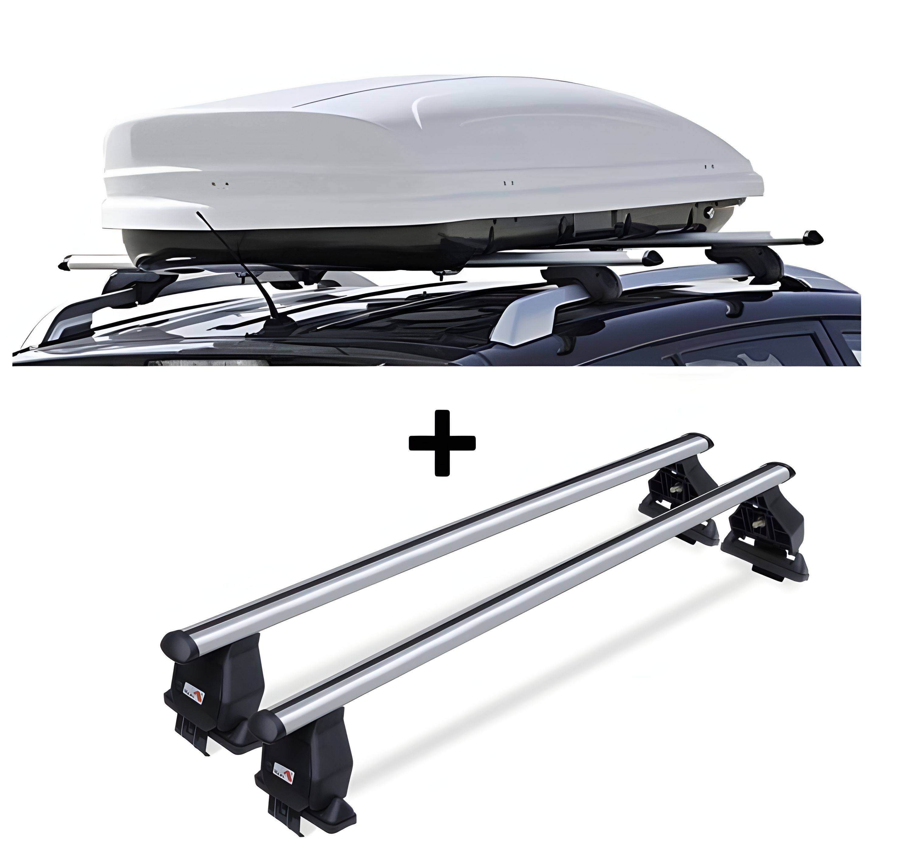 Dachbox VDPMAA460 weiß abschließbar 460Ltr + Dachträger Menabo Tema kompatibel mit für Ford Focus SW/Kombi ohne Reling bis 2004 Aluminium