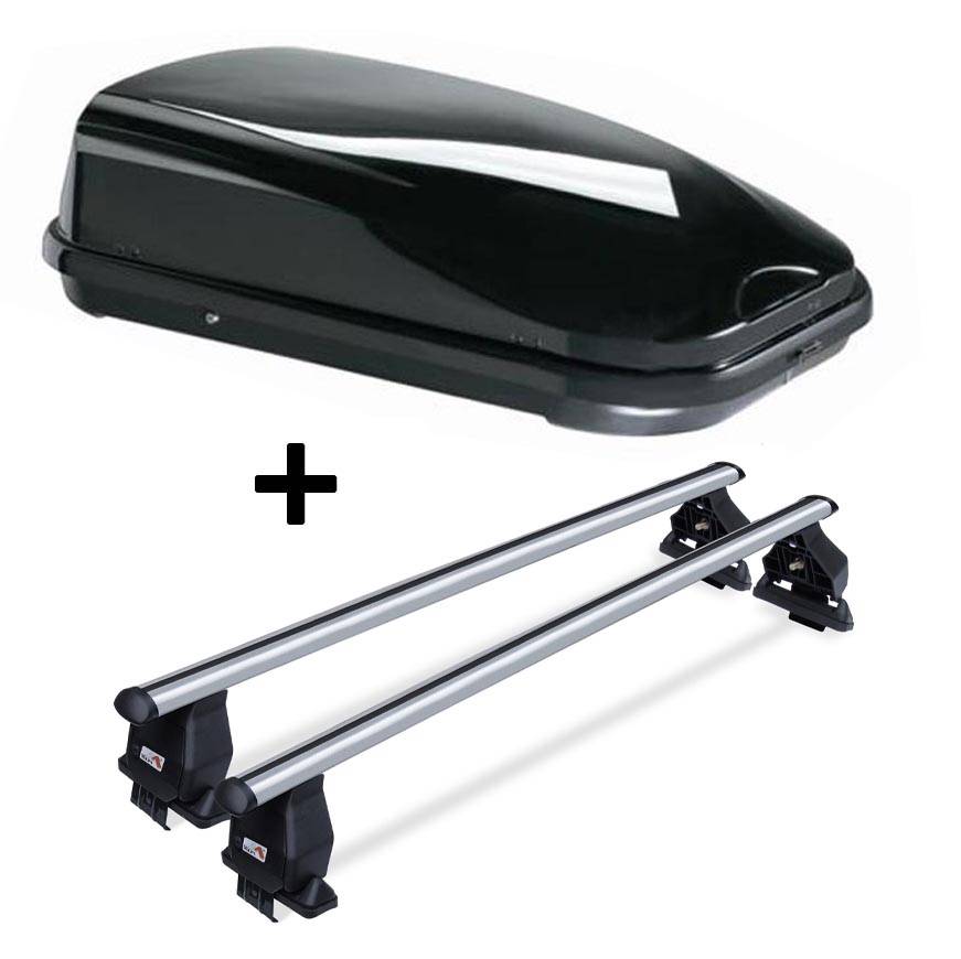 Dachbox VDPFL320 schwarz glänzend 320 Ltr + Dachträger Menabo Tema kompatibel mit für Fiat Punto Evo 5Türer 2009-2012 Aluminium