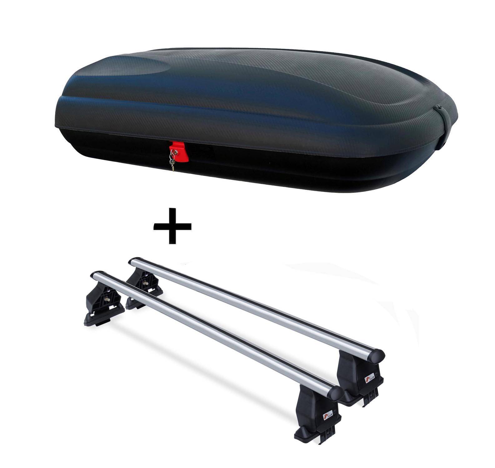Dachbox VDPCA320 320Ltr carbonlook + Dachträger Menabo TEMA kompatibel mit für BMW X5 (G05) 5 Türer ab 2019 Aluminium