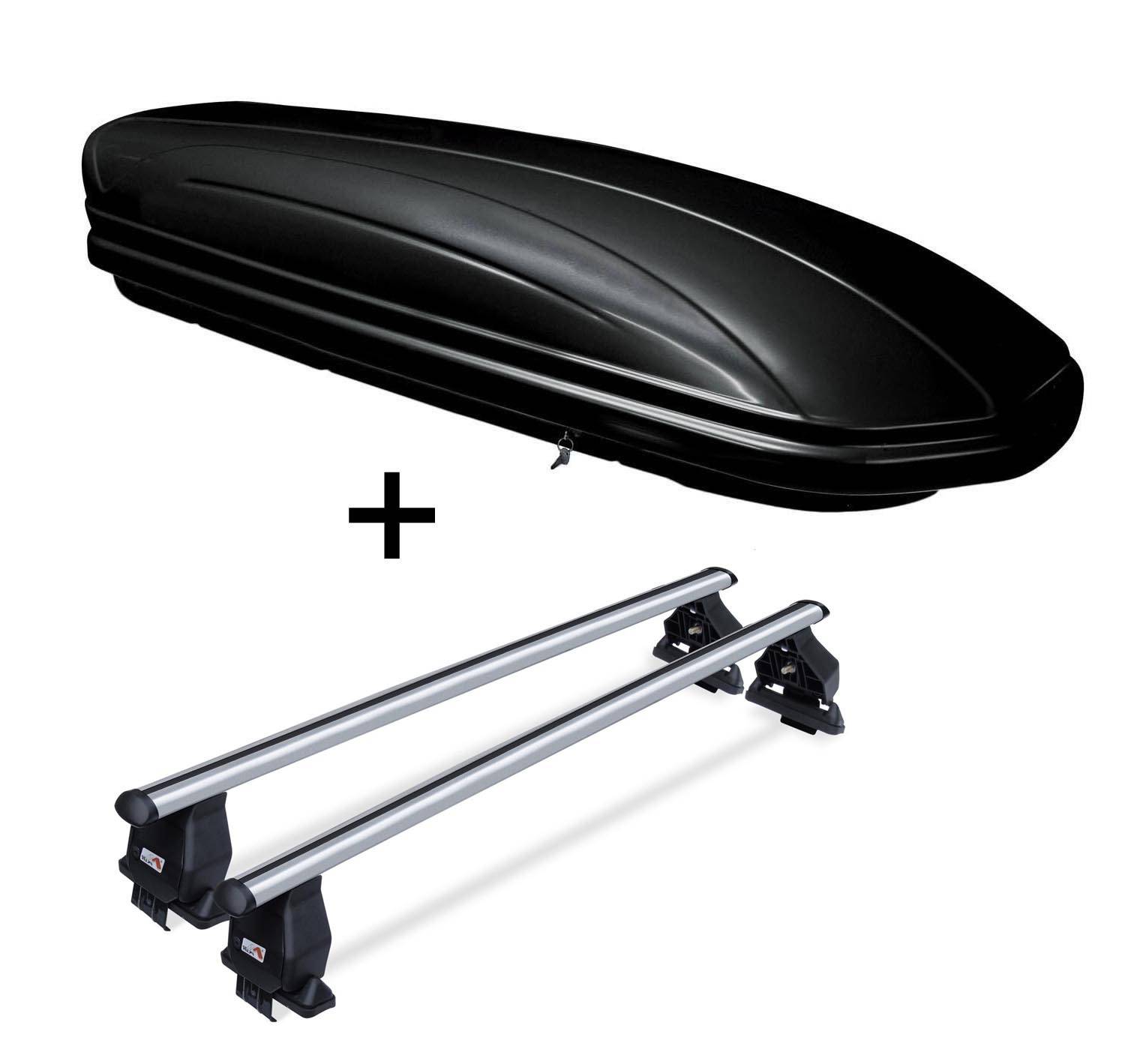 Dachbox VDPMAA580 580 Ltr abschließbar schwarz + Aluminium Dachträger Menabo Tema kompatibel mit für Peugeot ION (Steilheck 5 Türer) ab 2010