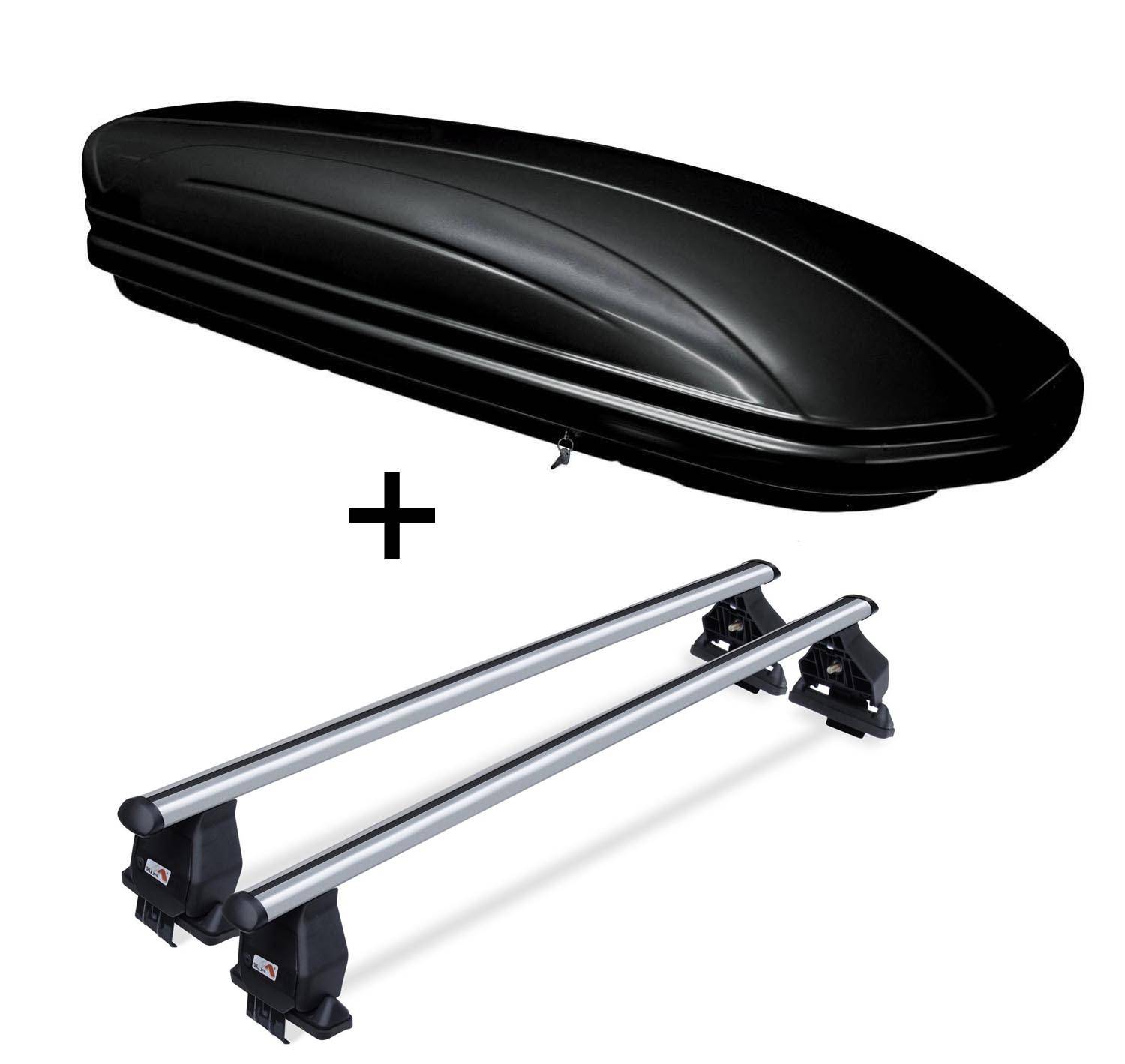 Dachbox VDPMAA460 schwarz glänzend 460 Ltr abschließbar + Dachträger Menabo Tema kompatibel mit für Volvo V50 SW/Kombi ohne Reling 2008-2012 Alumi