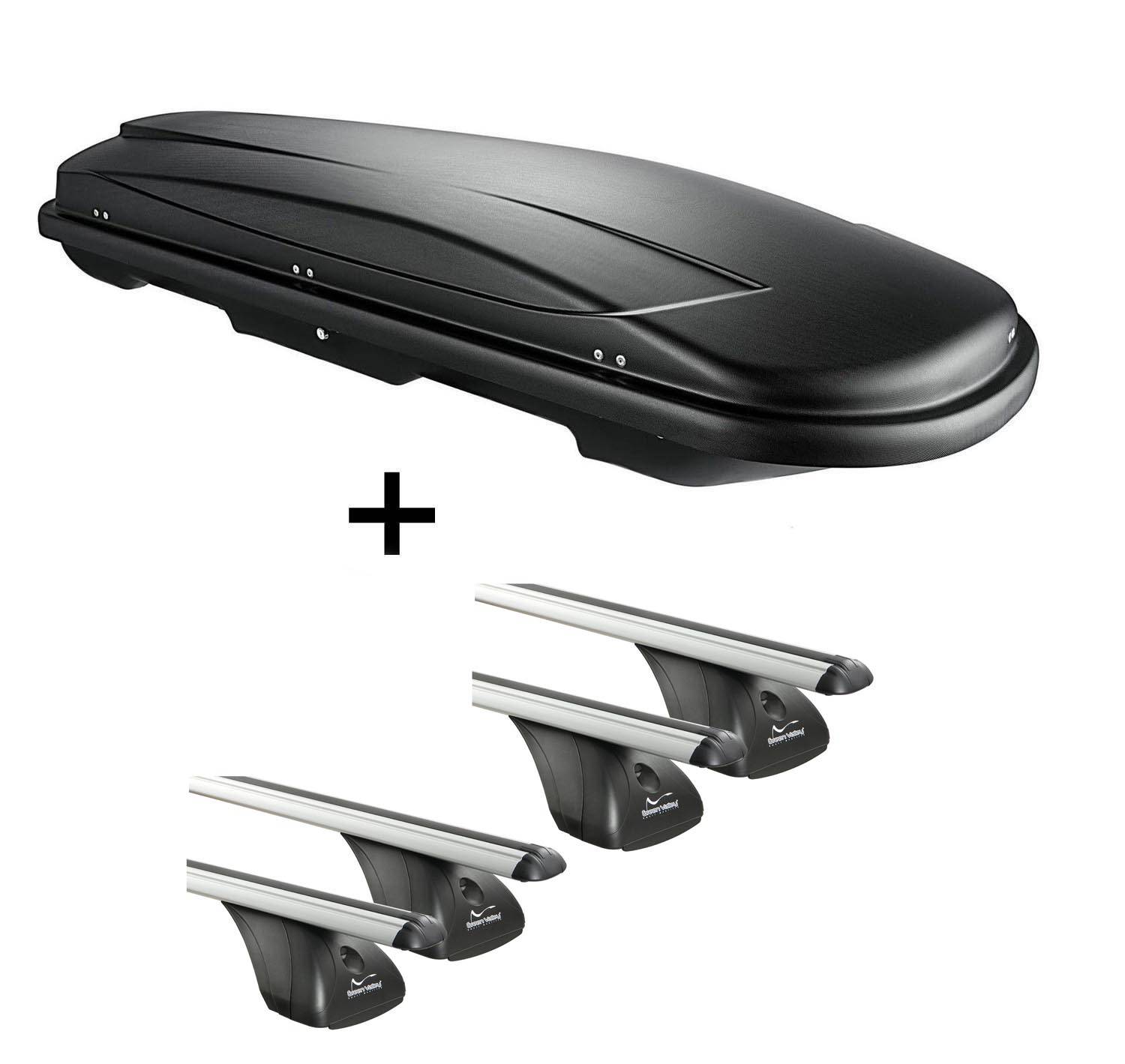 Dachbox VDPJUXT400 400Ltr schwarz abschließbar + 4 Stangen Dachträger AURILIS VDP kompatibel mit für VW kompatibel mit für VW T5 ab 03 ALU