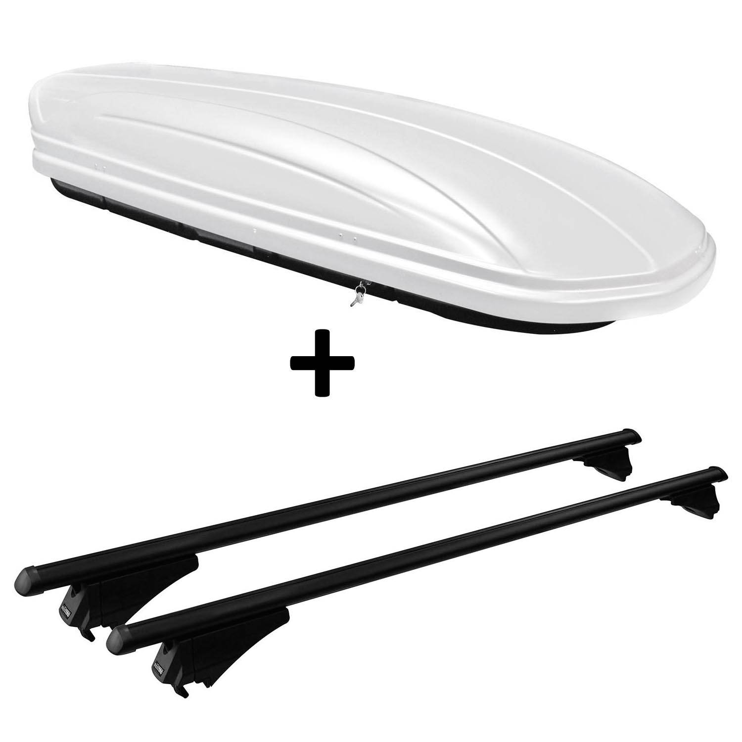 Dachbox weiß VDPMAA320W 320 Liter abschließbar + Alu-Relingträger Dachgepäckträger aufliegende Reling im Set kompatibel mit für Kia Sorento (XM)