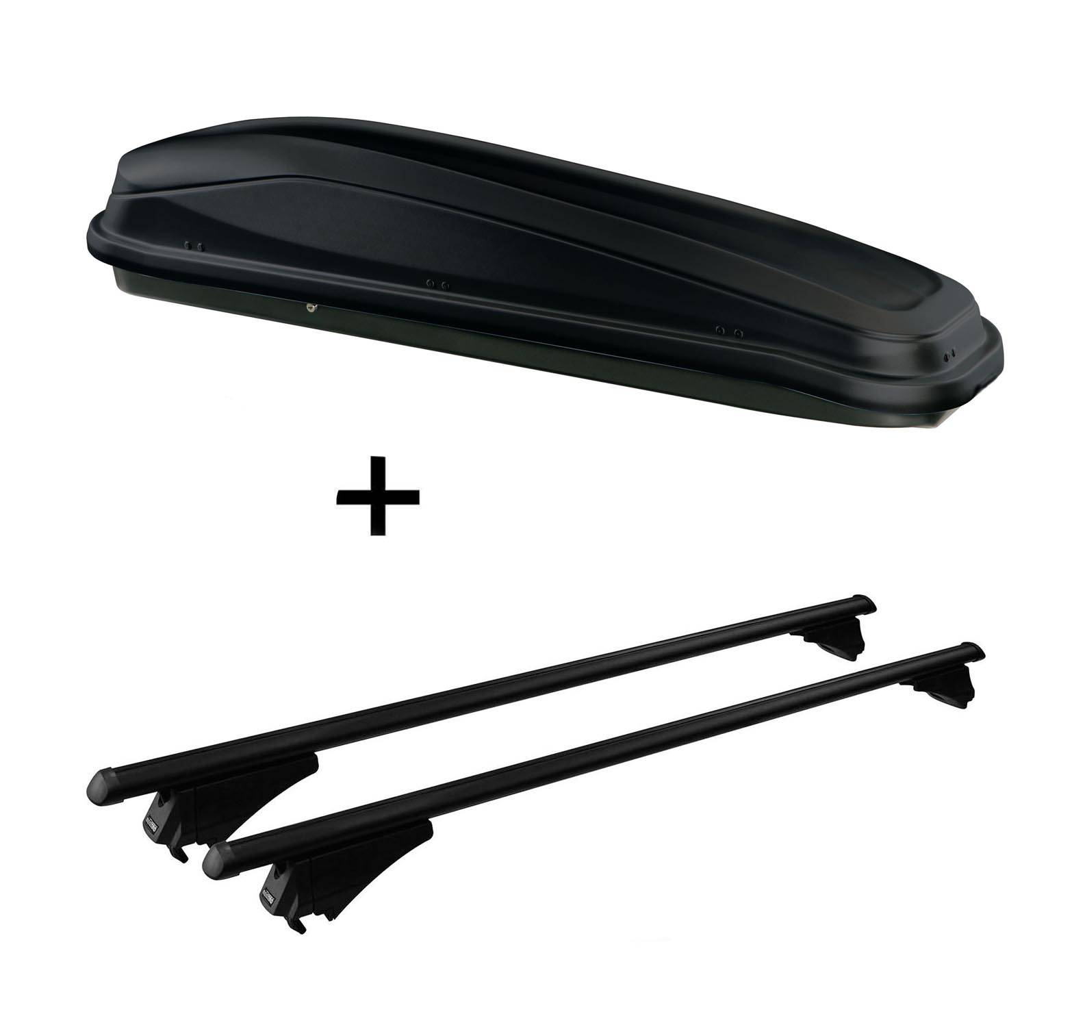 Dachbox JUEASY300 300Ltr schwarz + Relingträger Tiger Alu XL kompatibel mit für Mercedes GLC ab 2015