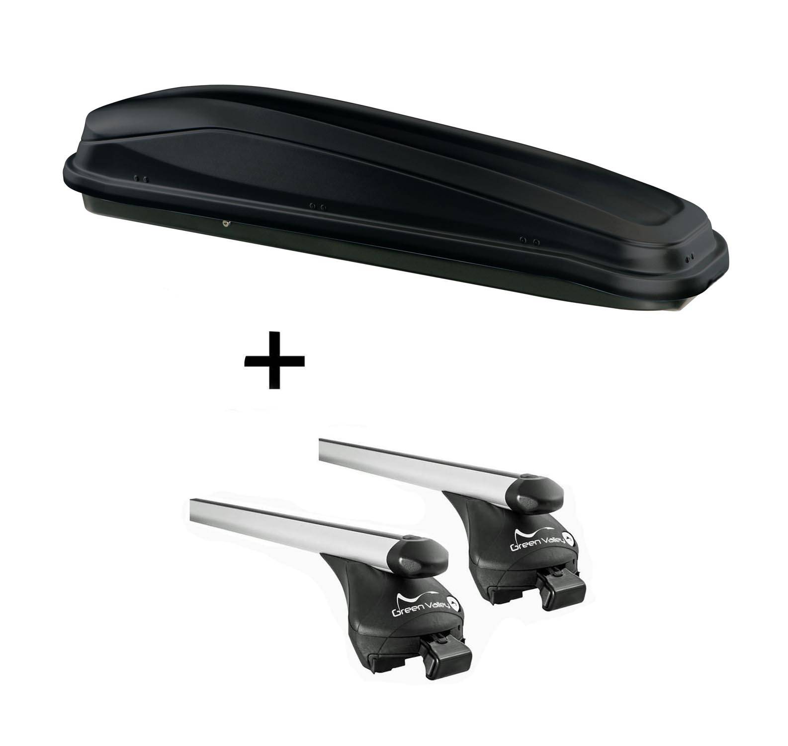 Dachbox JUEASY300 300Ltr schwarz + Relingträger Quick L kompatibel mit für Hyundai ix35 2010-2014