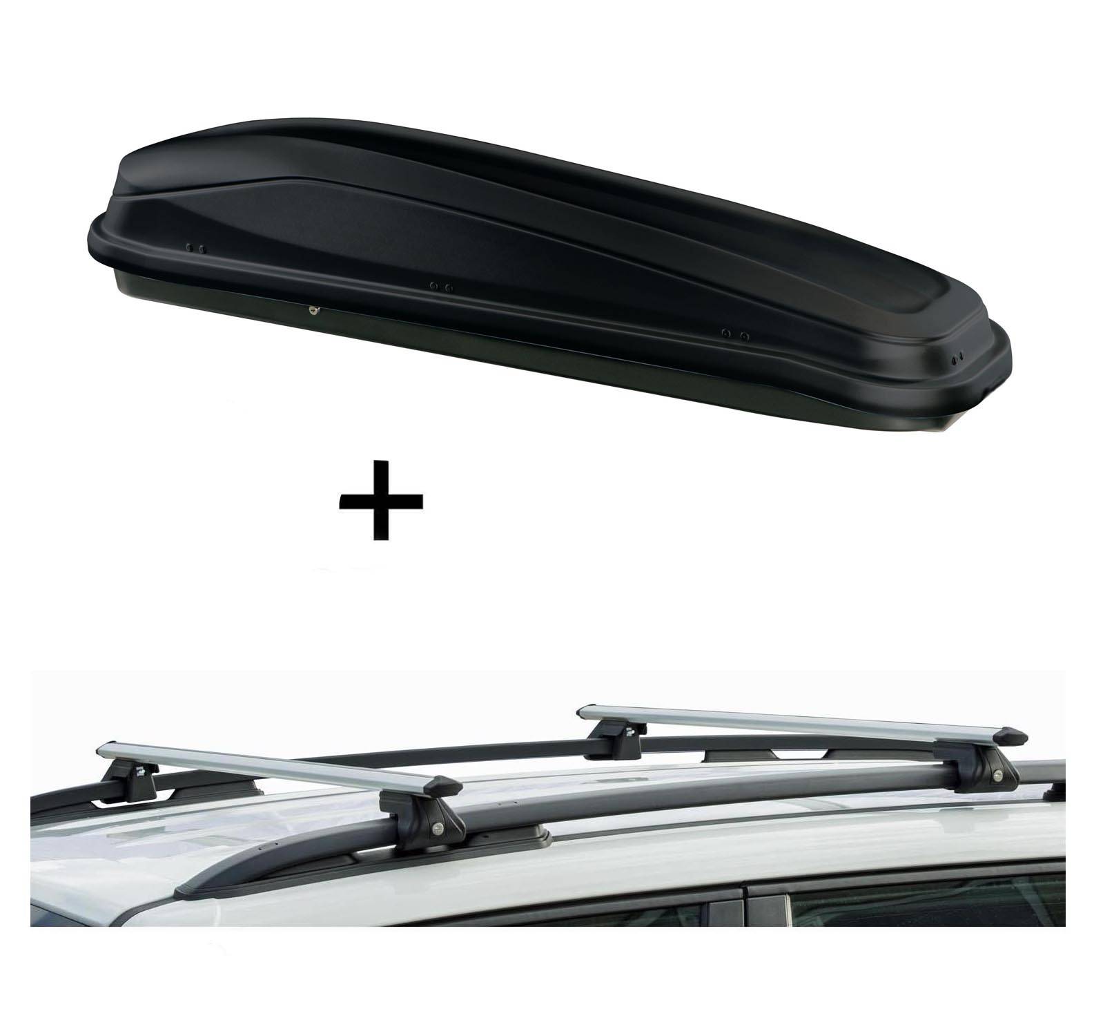 Skibox JUEASY300 300Ltr schwarz + Relingträger CRV120A kompatibel mit für Peugeot 08 ab 13