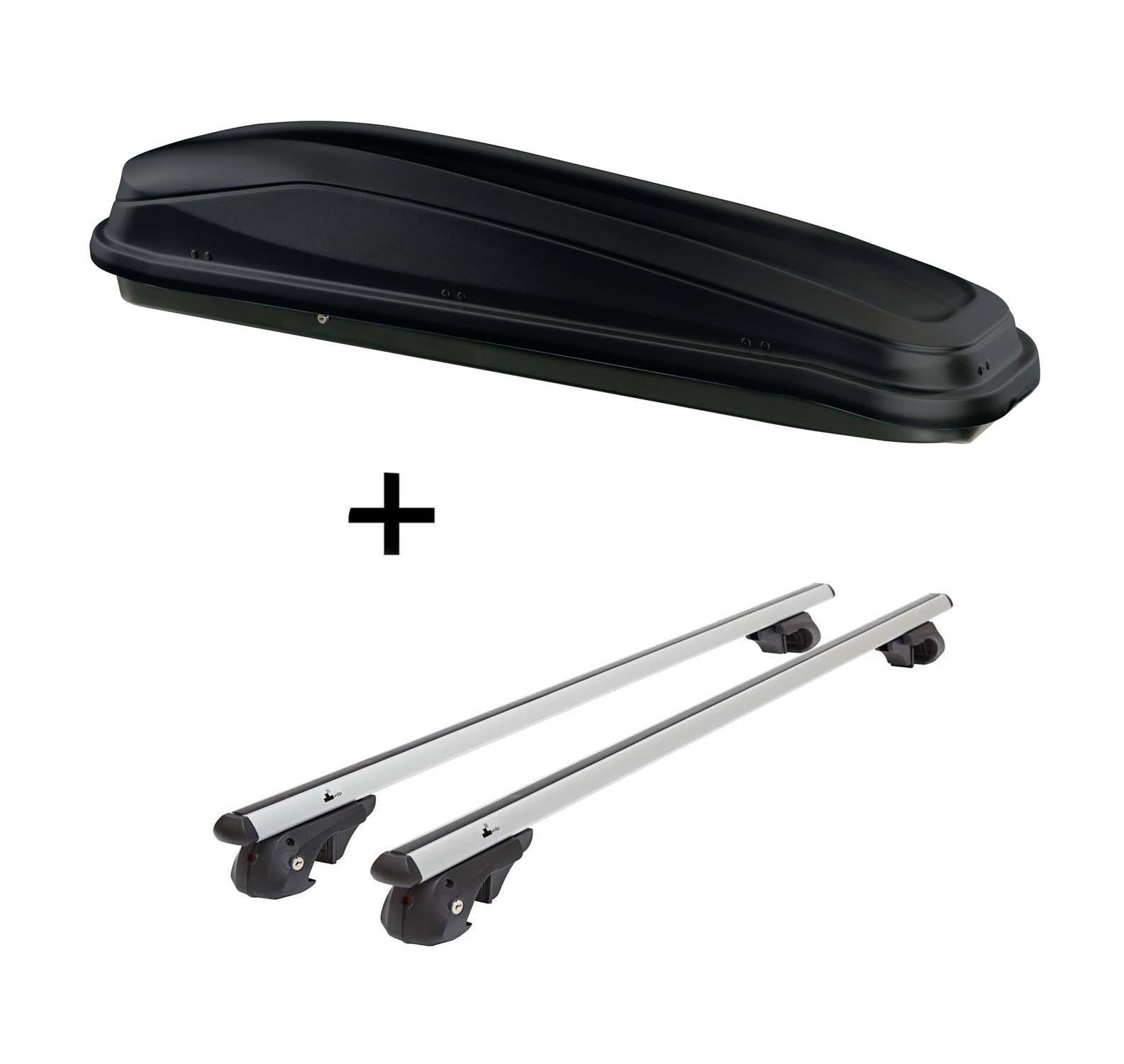 Skibox JUEASY300 300Ltr schwarz + Relingträger VDP004 XL kompatibel mit für VW Touran Kombi ab 2003