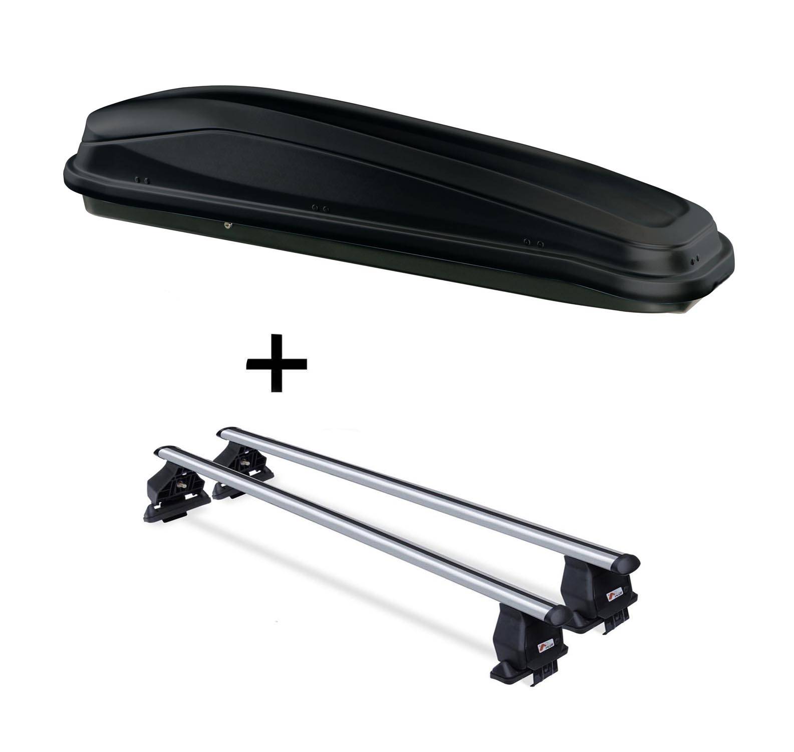 Dachbox JUEASY300 300Ltr schwarz + Dachträger Menabo Tema kompatibel mit für VW Golf V (3 Türer) 2003-2008