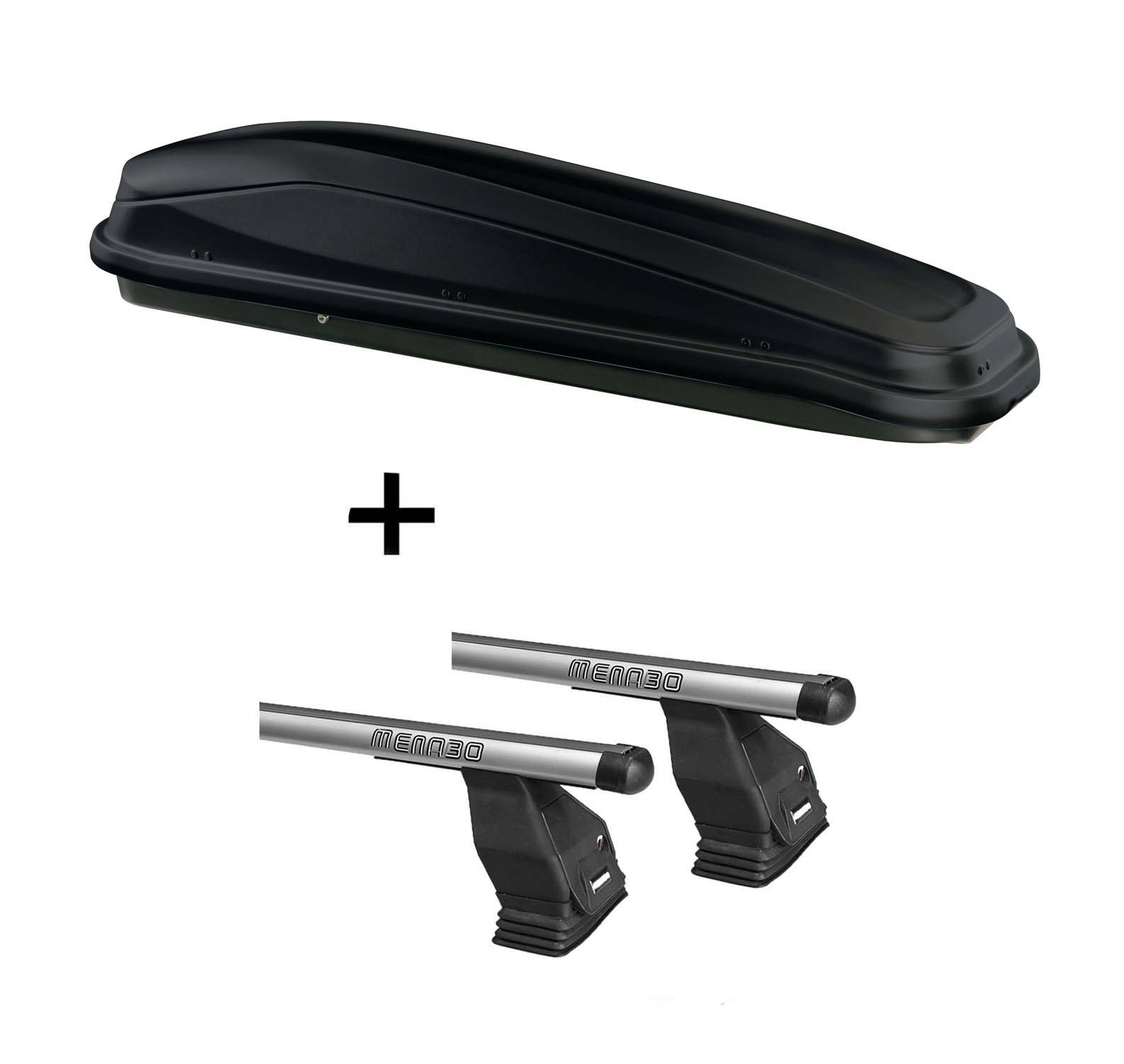 Dachbox JUEASY300 300Ltr schwarz + Dachträger Menabo Tema kompatibel mit für Fiat Idea 2005-2012