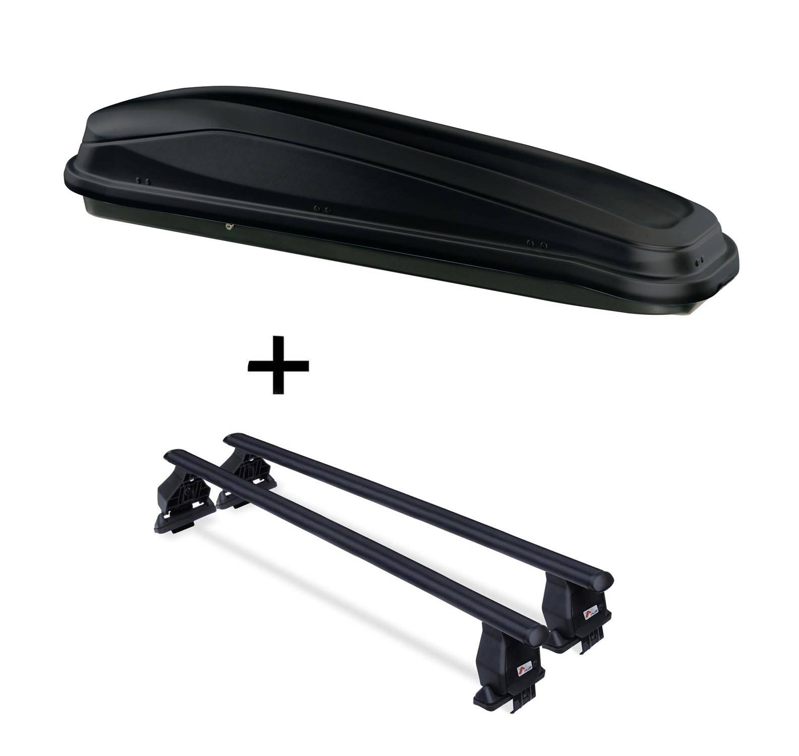 Dachbox JUEASY300 300Ltr schwarz + Dachträger Menabo Tema Stahl kompatibel mit für Renault Laguna II (5Türer) 2001-2007