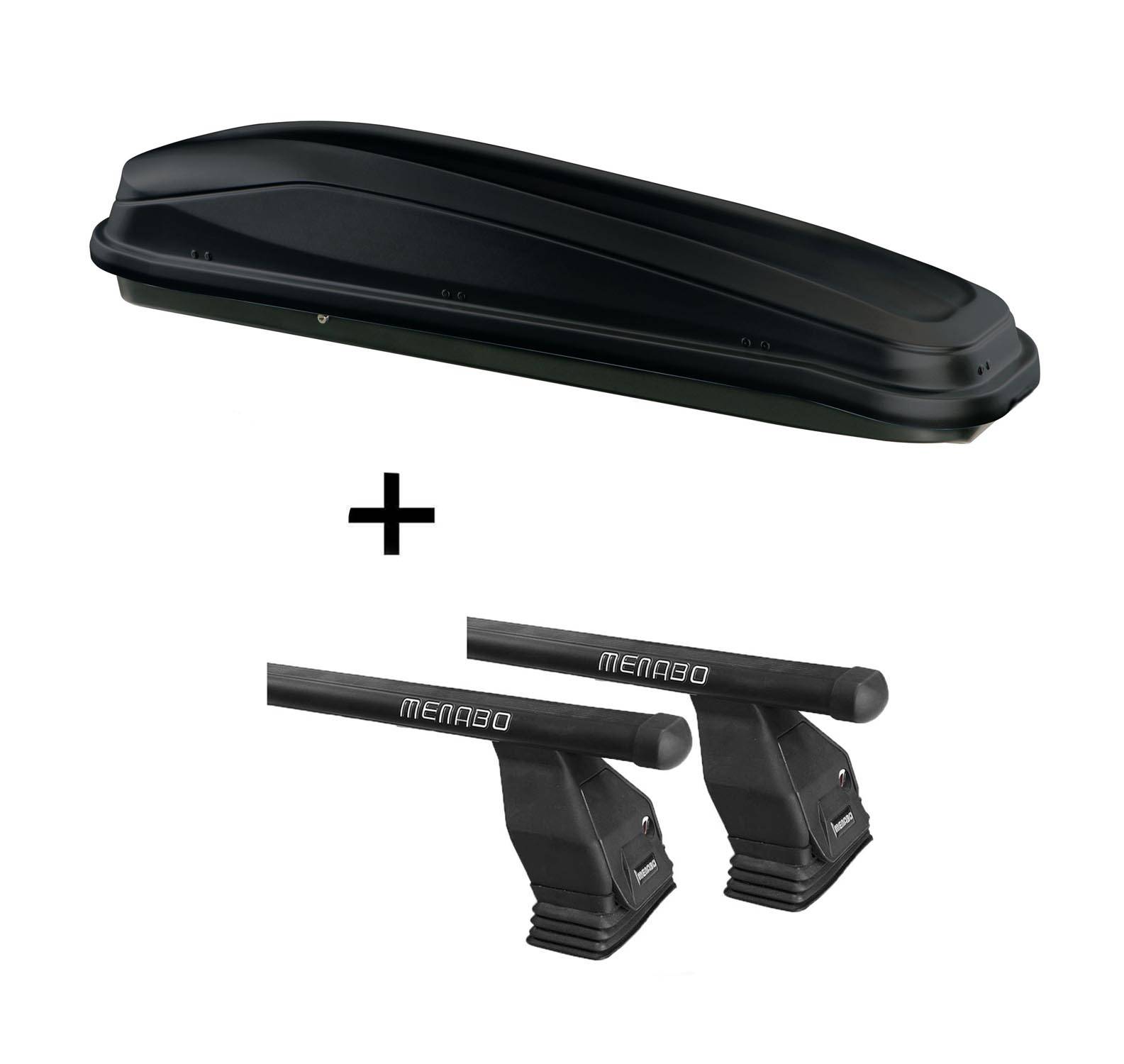 Dachbox JUEASY300 300Ltr schwarz + Dachträger Menabo Tema Stahl kompatibel mit für BMW 5er E39 1996-2002
