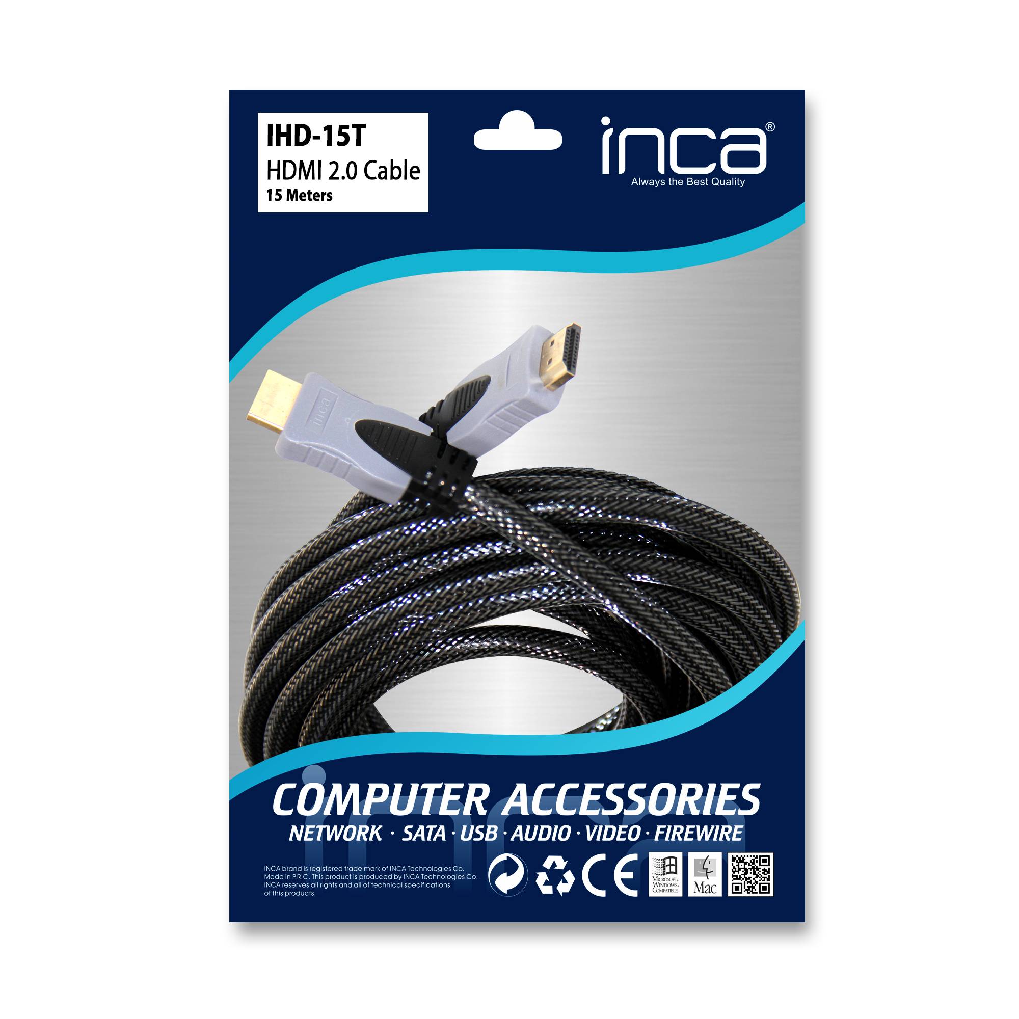 INCA HDMI-Kabel2.0 4K 18Gbit/s 4096x2160@ 30Hz 15.00m gr retail Multimedia-Technik HDMI-Kabel