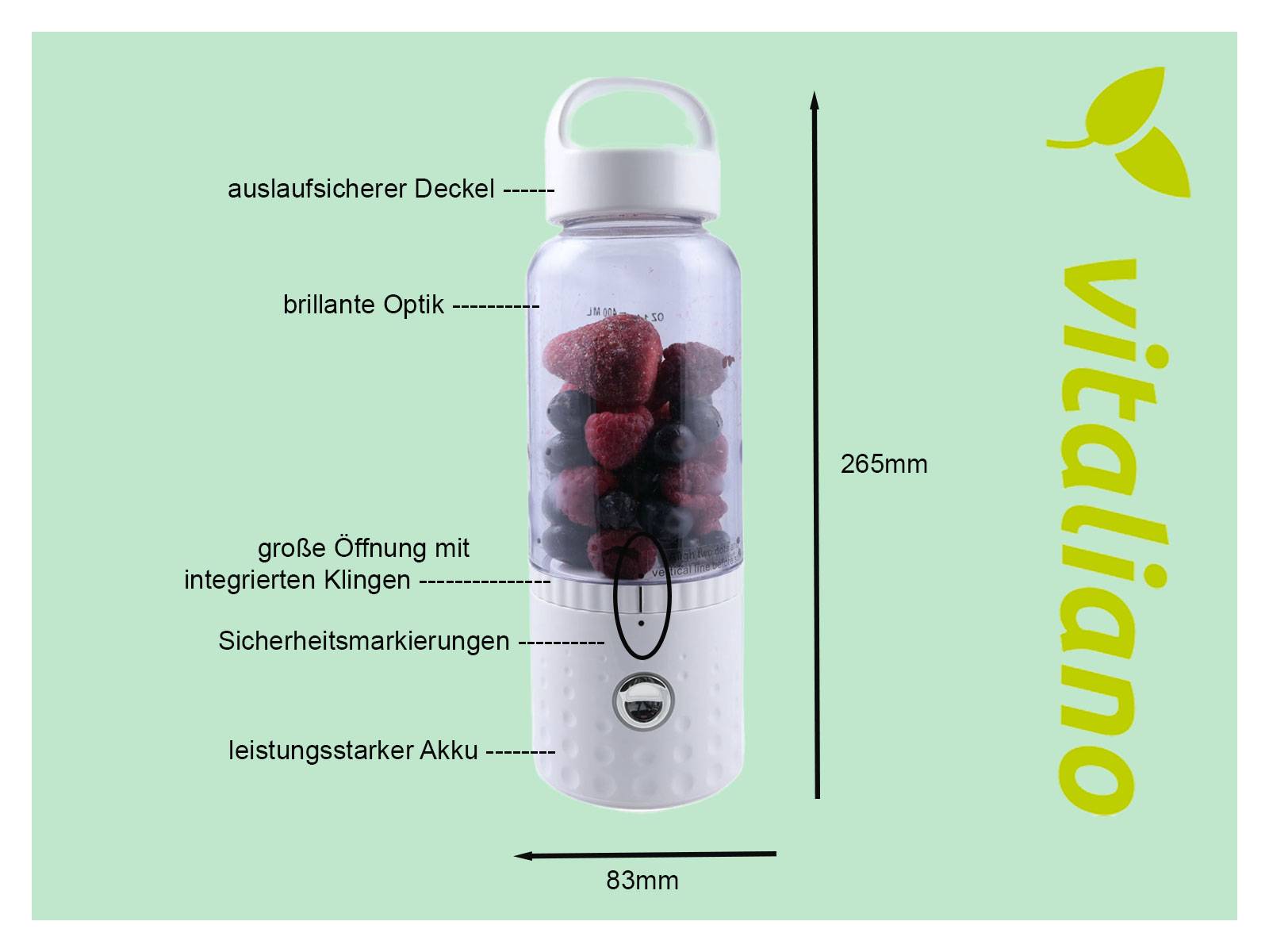 vitaliano tragbarer Smoothie Maker to go, 500ml, wechselbare Flasche, USB, spülmaschinenfest, leichter Mixer für Frische