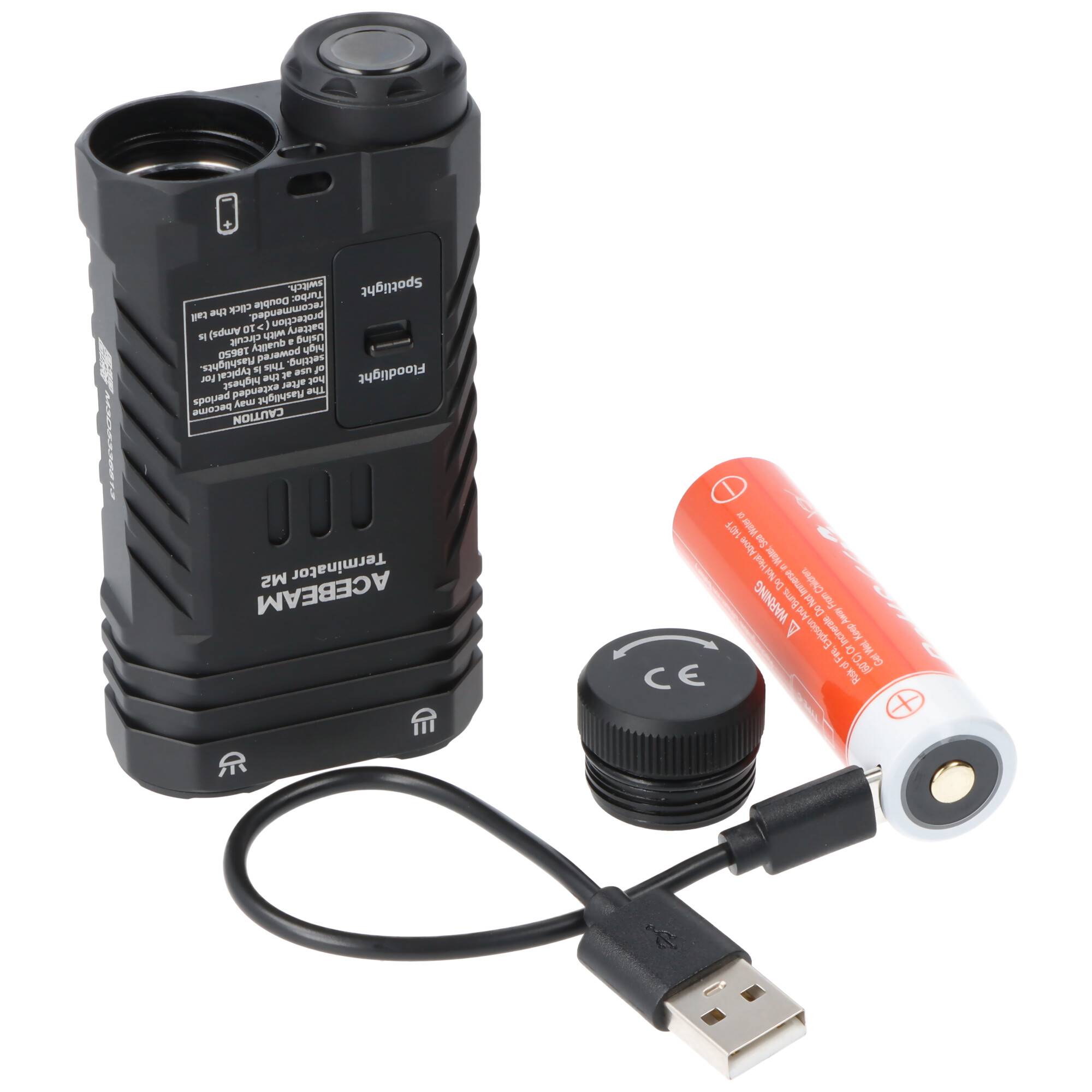 AceBeam Terminator M2 LED-Taschenlampe mit 2.000 Lumen, mit Spot-, Flut-, und AUX-Licht, schwarz