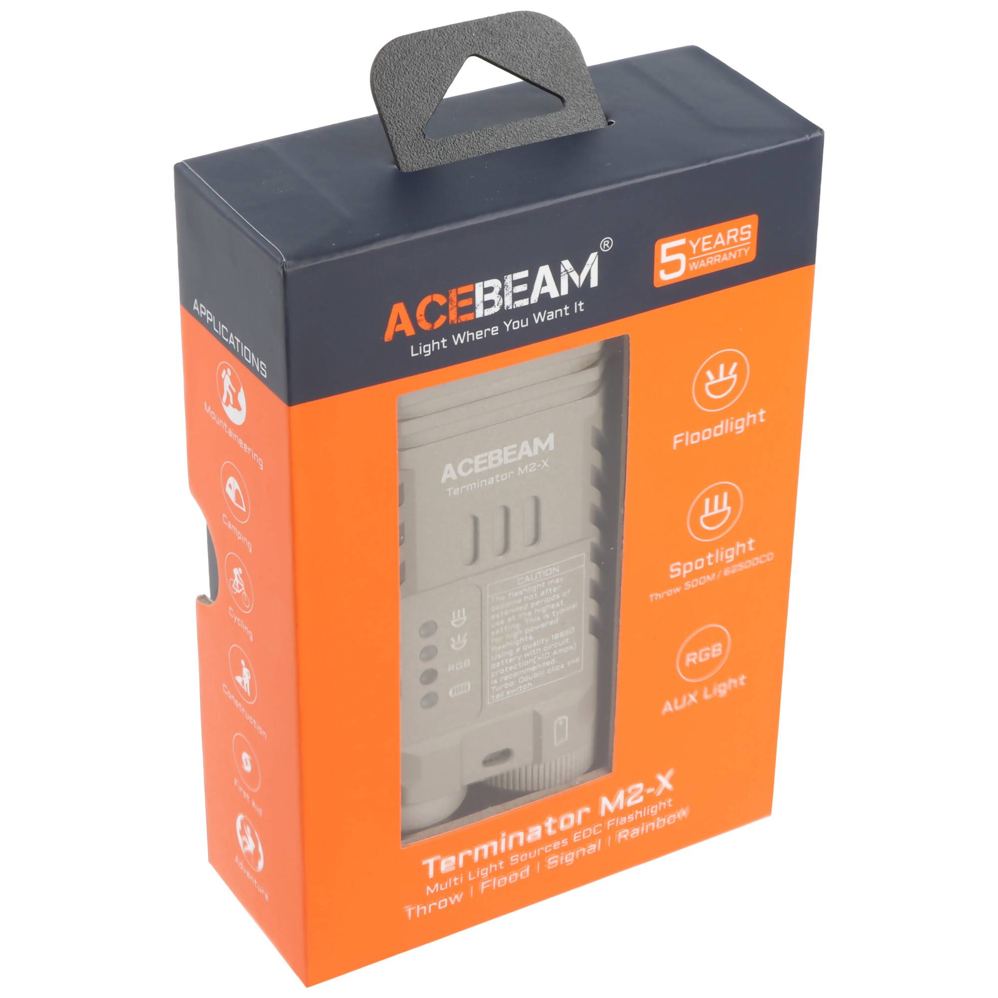 ACBEAM Terminator M2-X LED-Licht Produktbox mit orange-schwarzer Verpackung und einem transparenten Fenster, das das Gerät im Inneren zeigt.