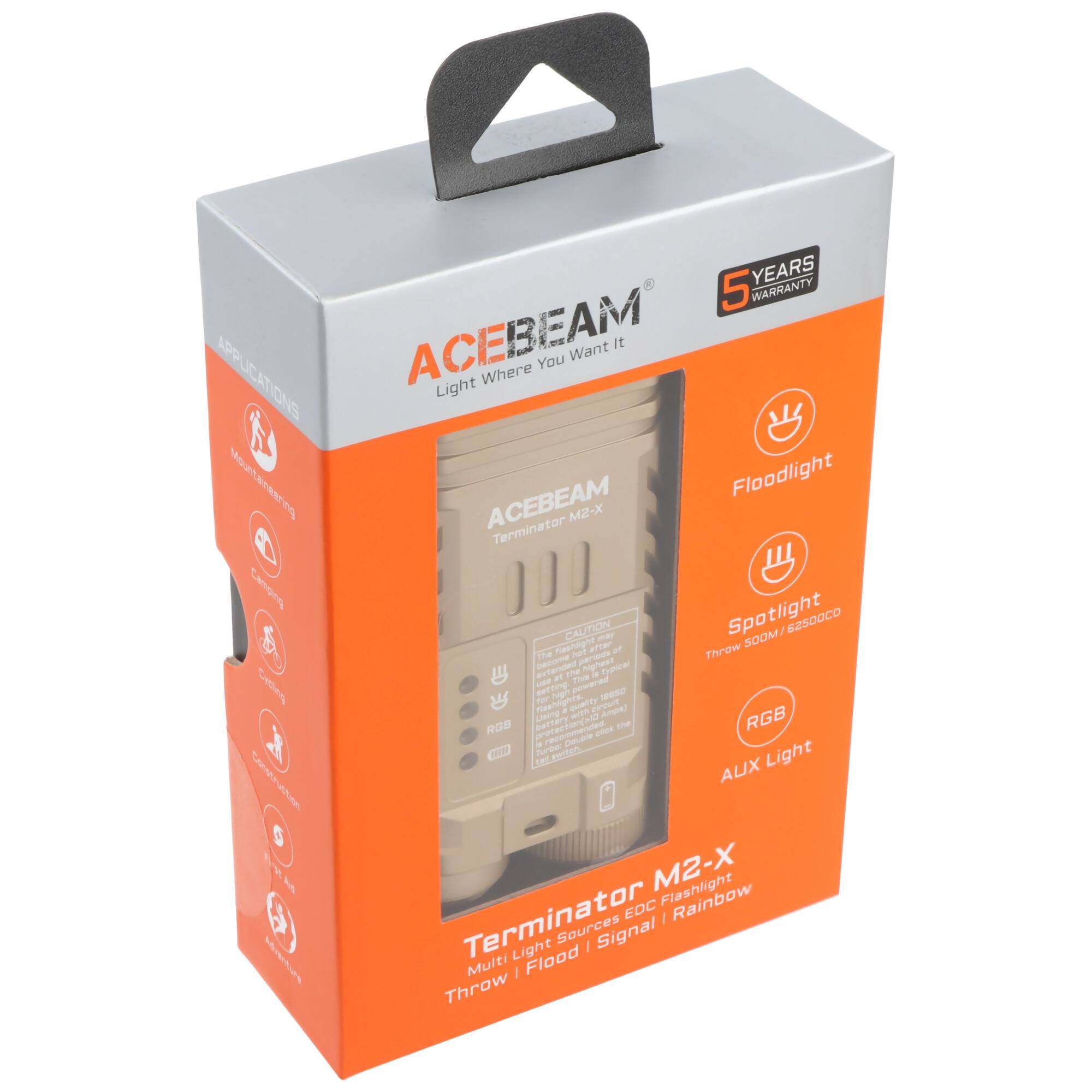 Verpackte ACEBEAM Terminator M2-X Taschenlampe mit orange-grauer Verpackung, zeigt „5 JAHRE GARANTIE