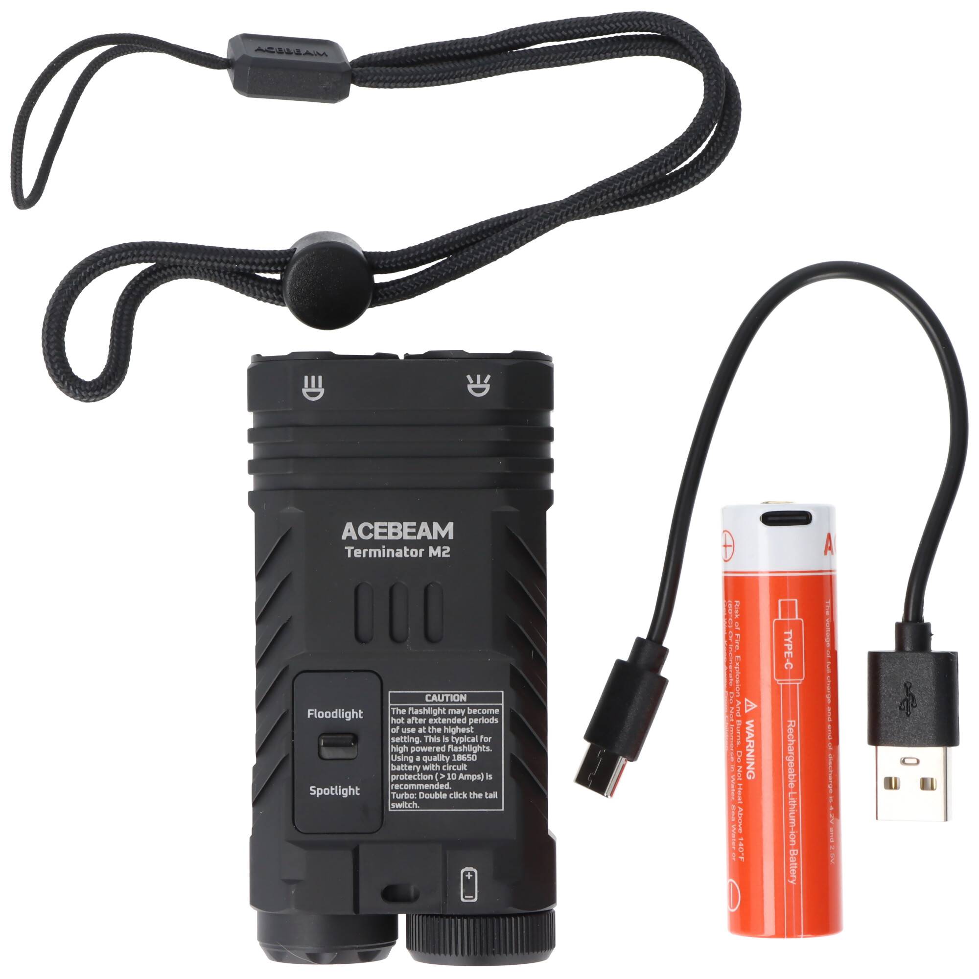 AceBeam Terminator M2 LED-Taschenlampe mit 2.000 Lumen, mit Spot-, Flut-, und AUX-Licht, schwarz