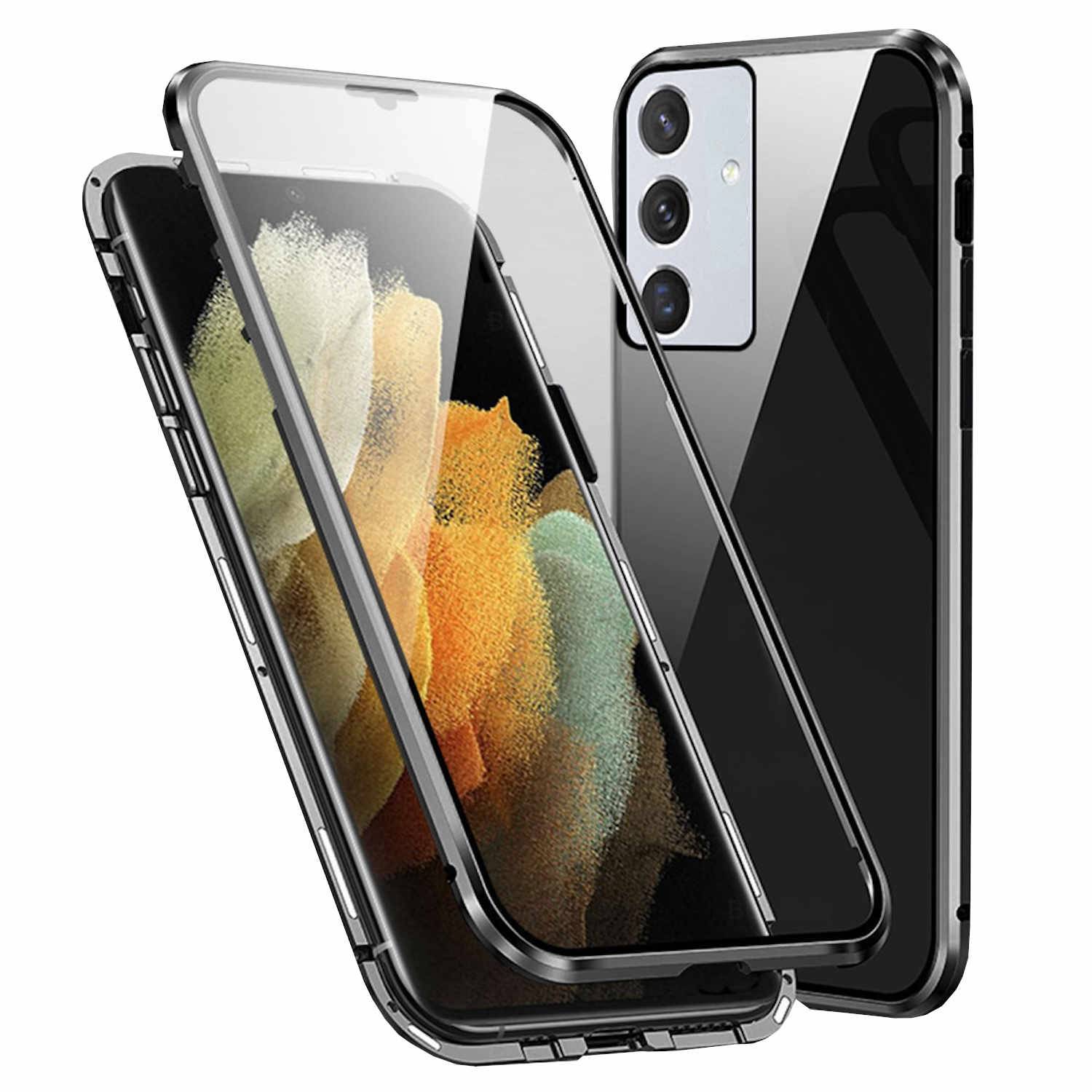 Für Samsung Galaxy A55 Beidseitiger 360 Grad Magnet Glas Hülle Handy Tasche Bumper Schwarz